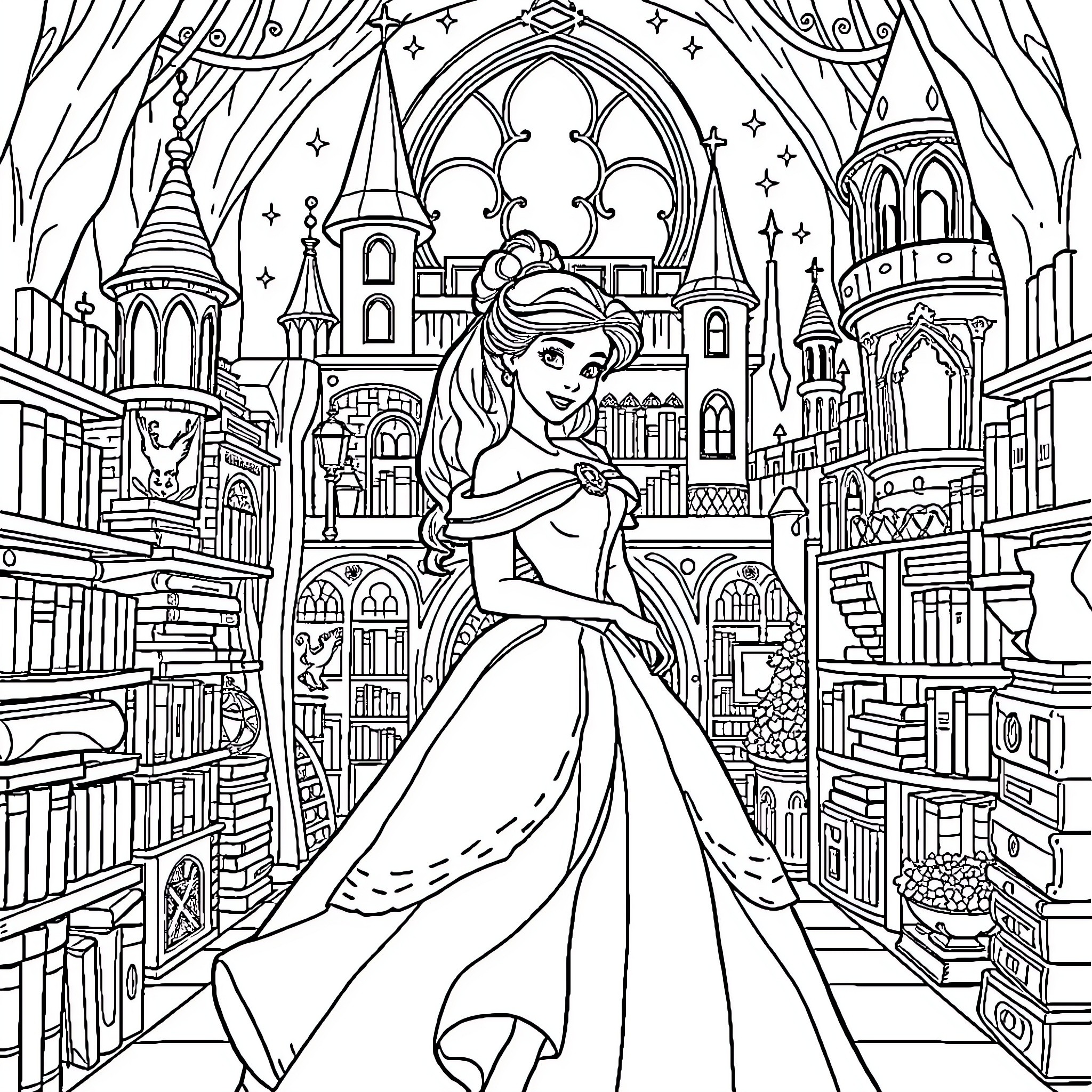 Princess Exploring a Magical Castle Filled with Wonder Coloring Page (free black-and-white line drawing printable PDF for all, from beginners to advanced learners, including children, teens, adults, and seniors)