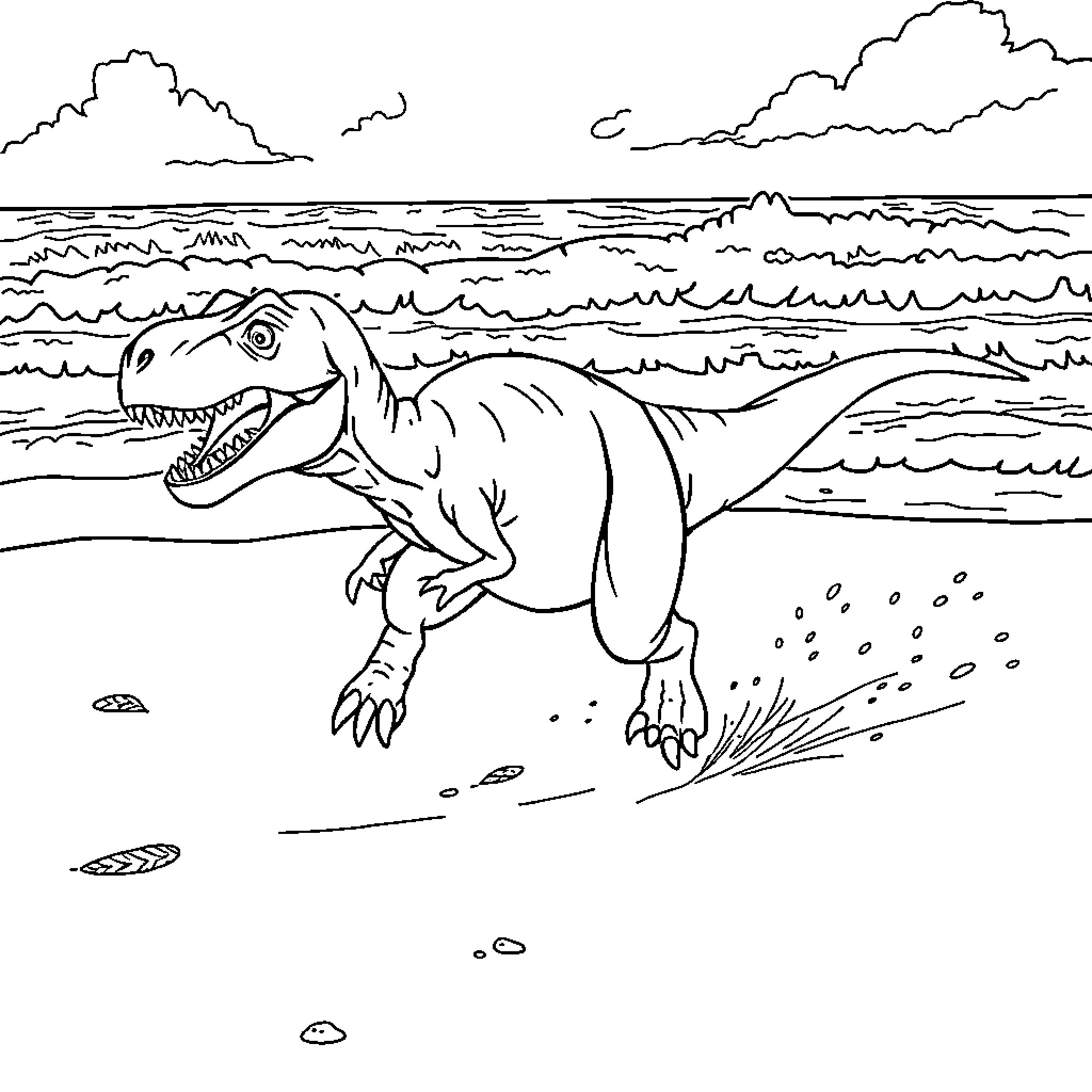 T-Rex chasing prey on the beach Coloring Page (free black-and-white line drawing printable PDF for all, from beginners to advanced learners, including children, teens, adults, and seniors)