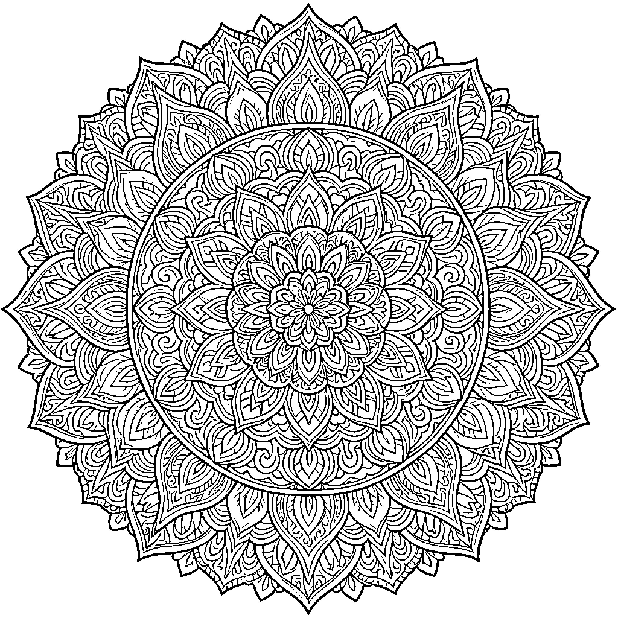 Mandalas of intricate floral designs Coloring Page (free black-and-white line drawing printable PDF for all, from beginners to advanced learners, including children, teens, adults, and seniors)