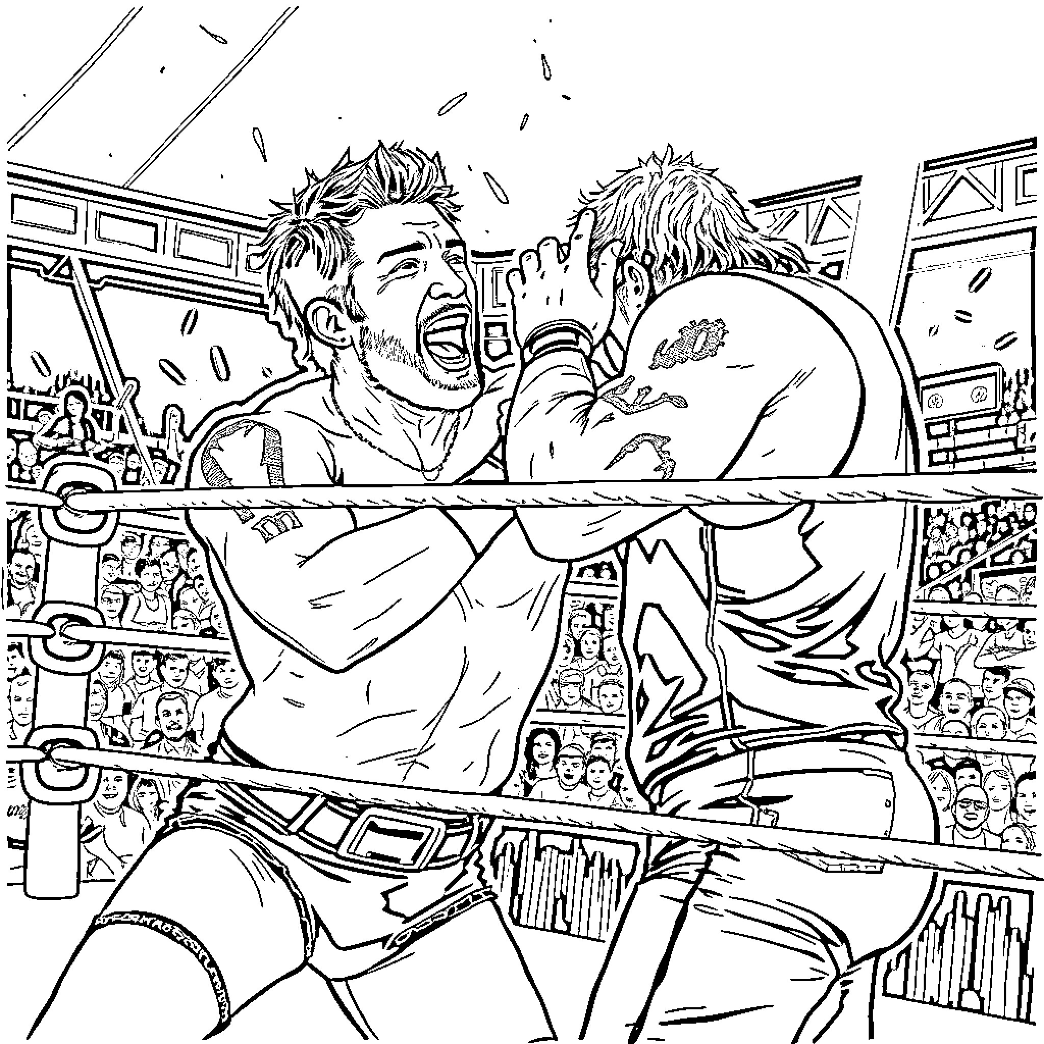 Logan Paul engaging in an intense wrestling match Coloring Page (free black-and-white line drawing printable PDF for all, from beginners to advanced learners, including children, teens, adults, and seniors)