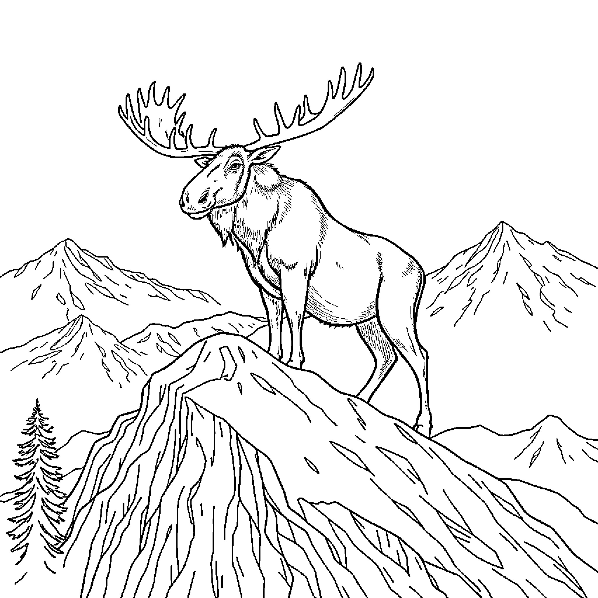 Moose standing tall in the majestic mountains Coloring Page (free black-and-white line drawing printable PDF for all, from beginners to advanced learners, including children, teens, adults, and seniors)