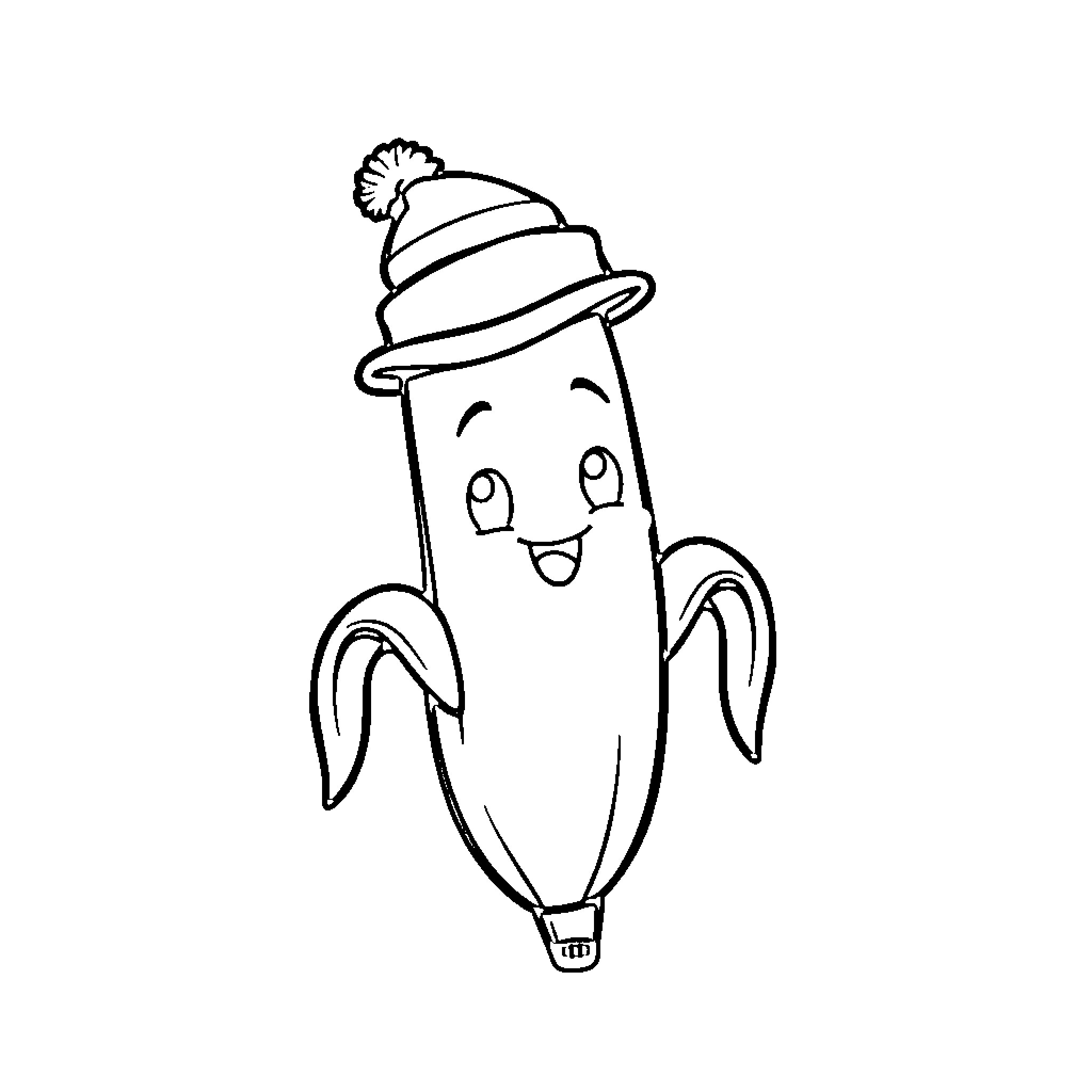 Banana character wearing a winter hat Coloring Page (free black-and-white line drawing printable PDF for all, from beginners to advanced learners, including children, teens, adults, and seniors)