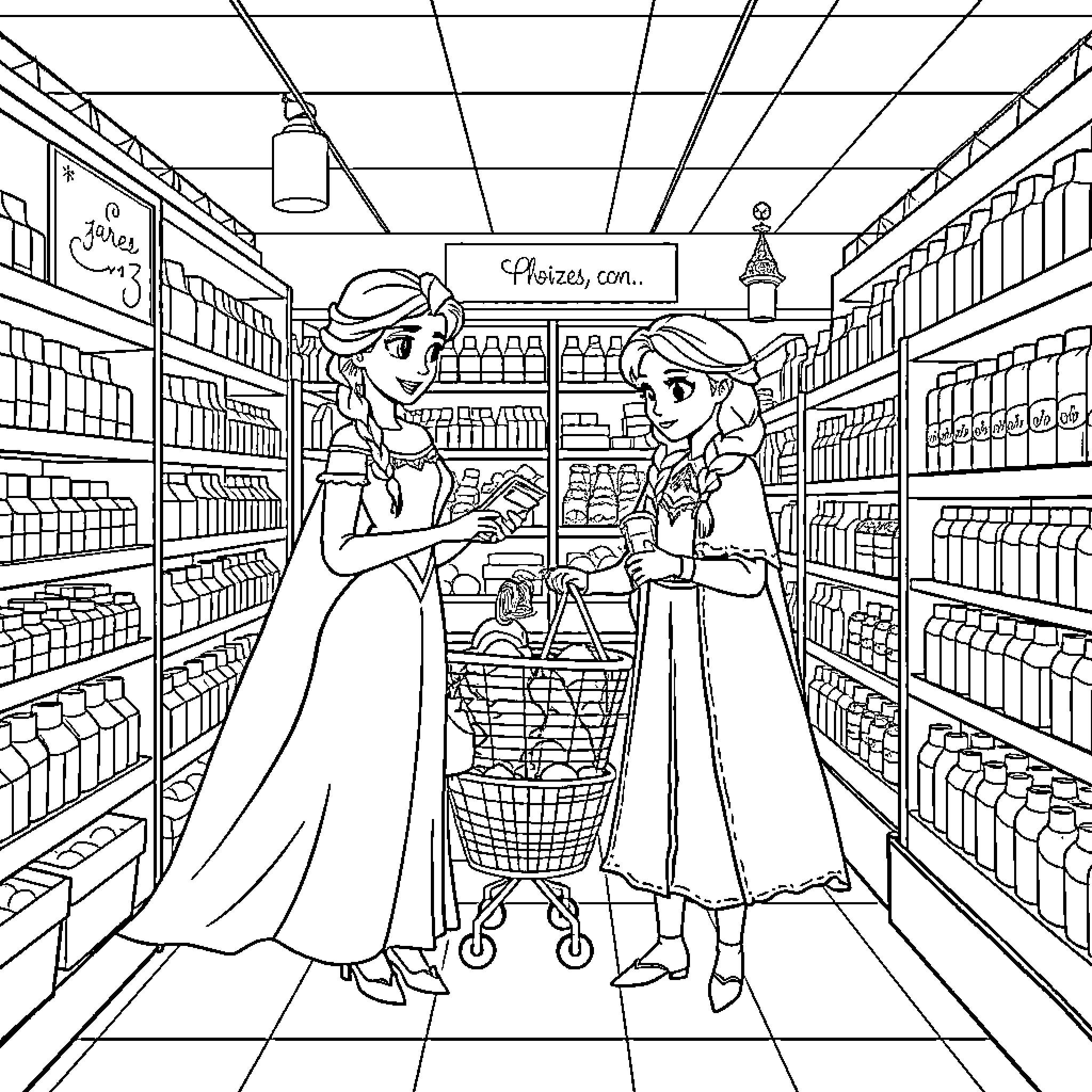 Elsa and Anna shopping for groceries together Coloring Page (free black-and-white line drawing printable PDF for all, from beginners to advanced learners, including children, teens, adults, and seniors)