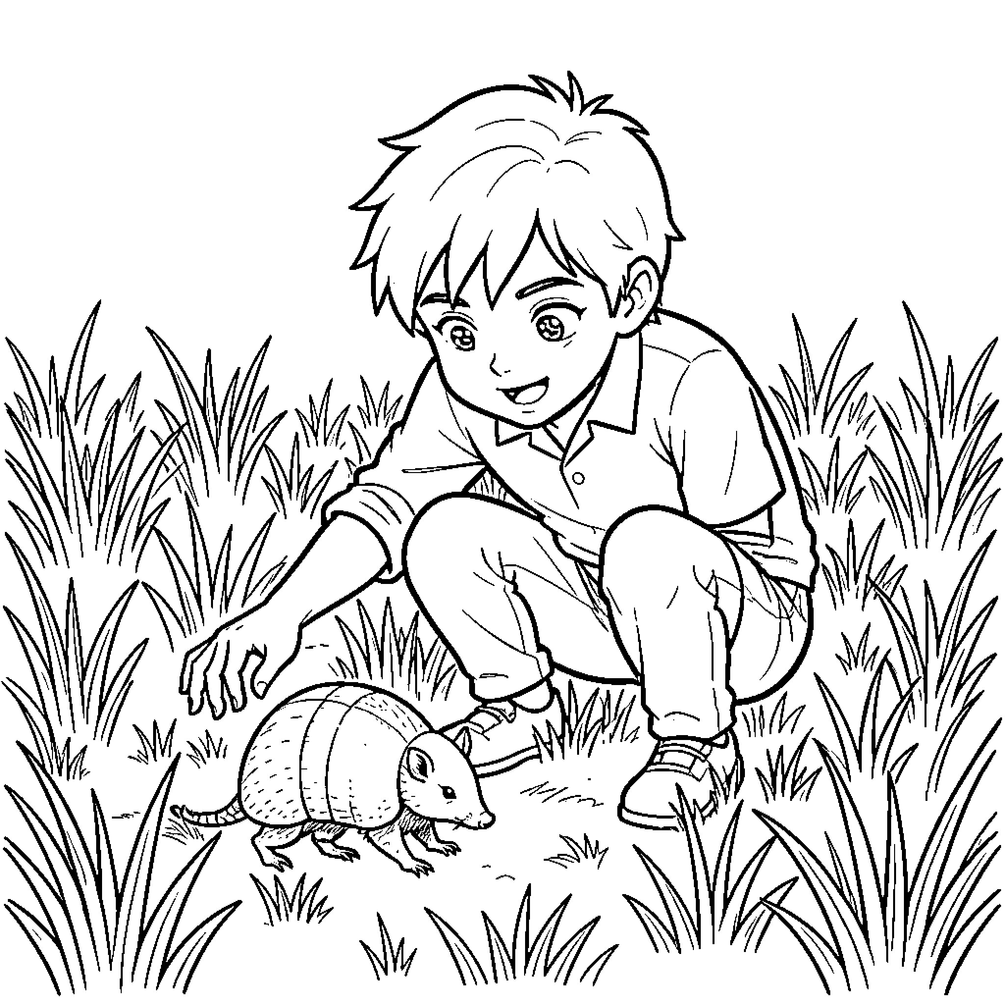Gil crouching down to observe a small armadillo Coloring Page (free black-and-white line drawing printable PDF for all, from beginners to advanced learners, including children, teens, adults, and seniors)