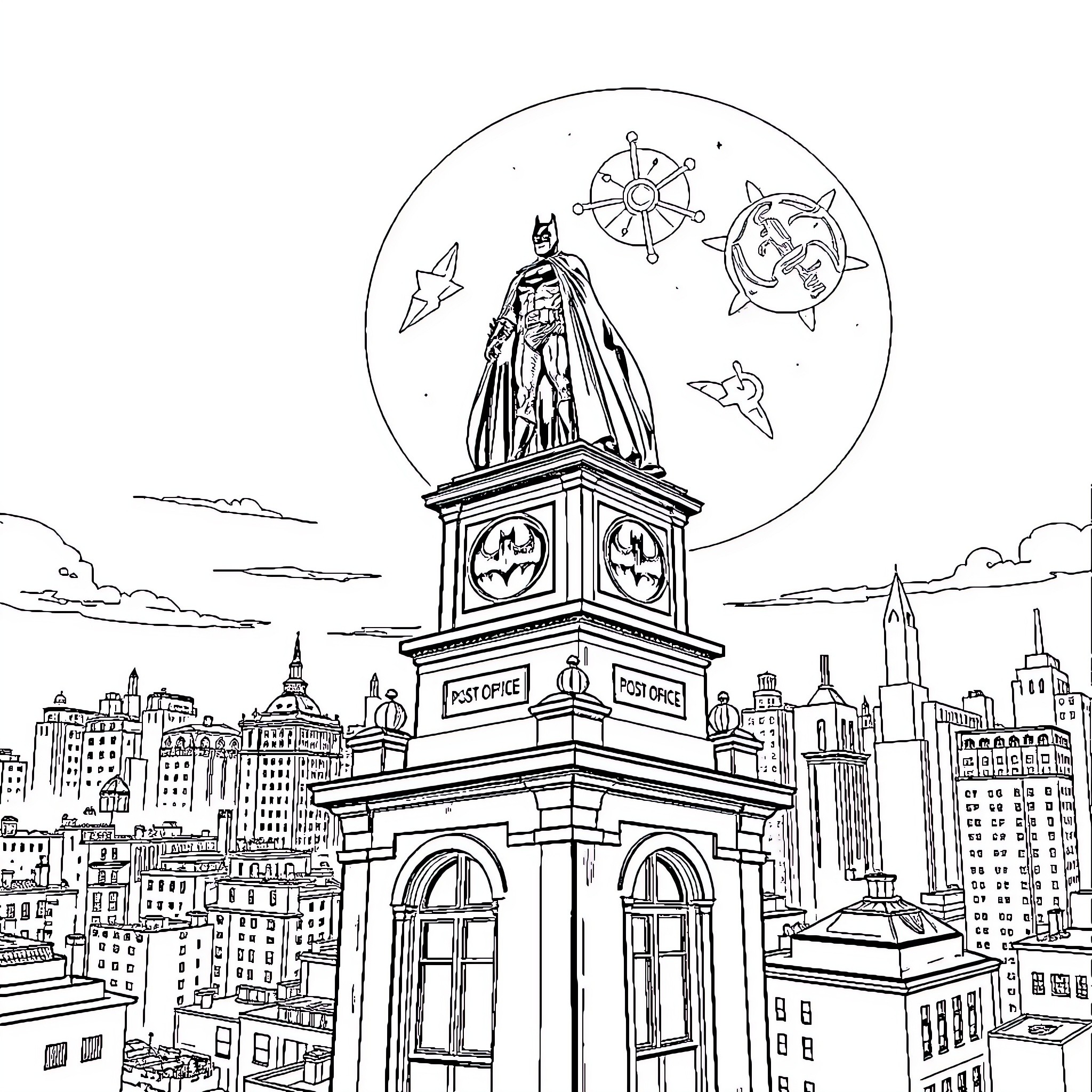 Batman watching over the city skyline Coloring Page (free black-and-white line drawing printable PDF for all, from beginners to advanced learners, including children, teens, adults, and seniors)