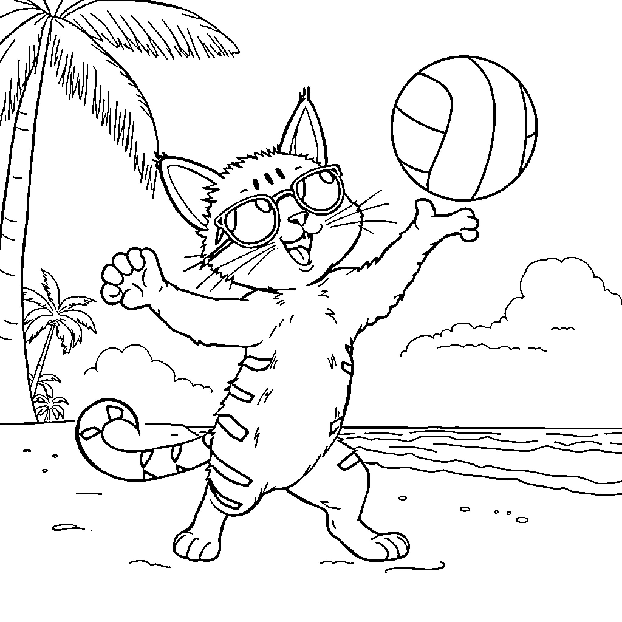 Cat playing with beach ball on tropical beach Coloring Page (free black-and-white line drawing printable PDF for all, from beginners to advanced learners, including children, teens, adults, and seniors)