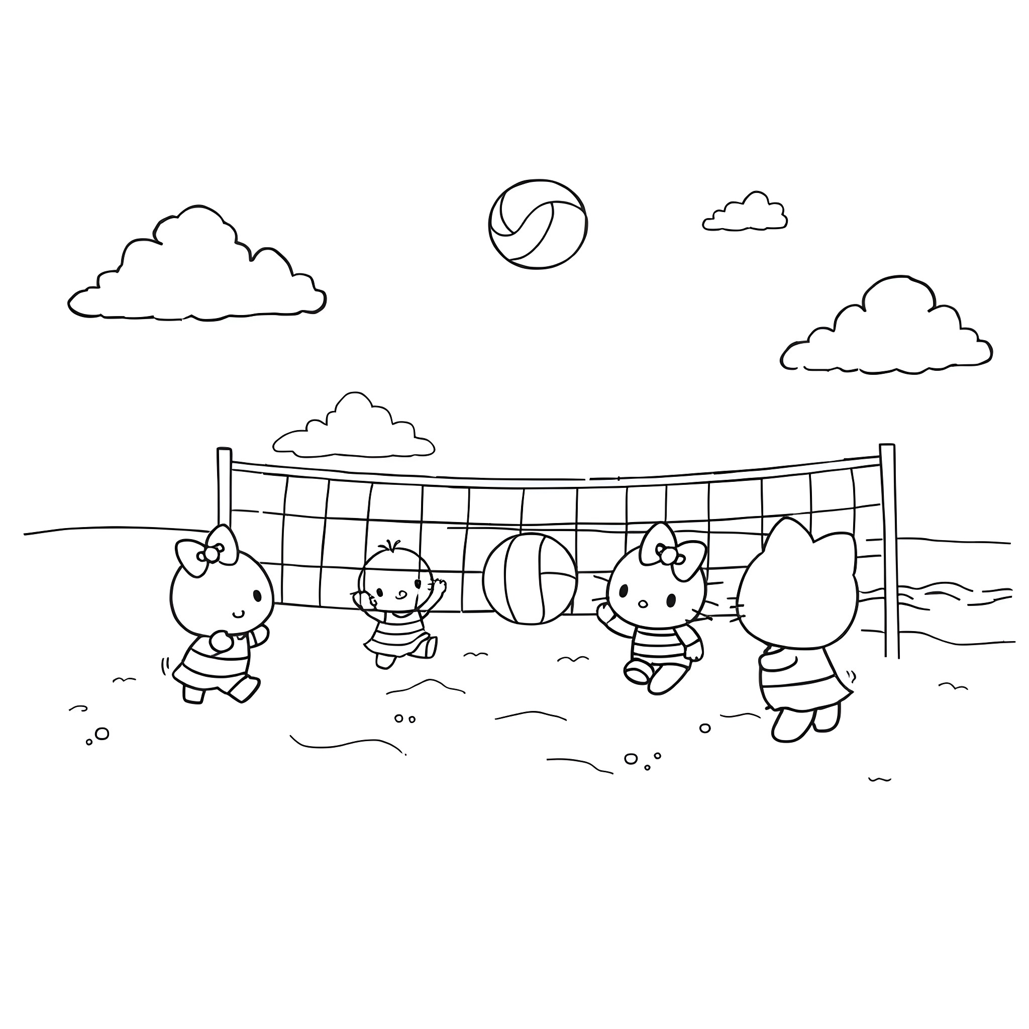 Sanrio Characters Playing Volleyball at the Beach Coloring Page (free black-and-white line drawing printable PDF for all, from beginners to advanced learners, including children, teens, adults, and seniors)