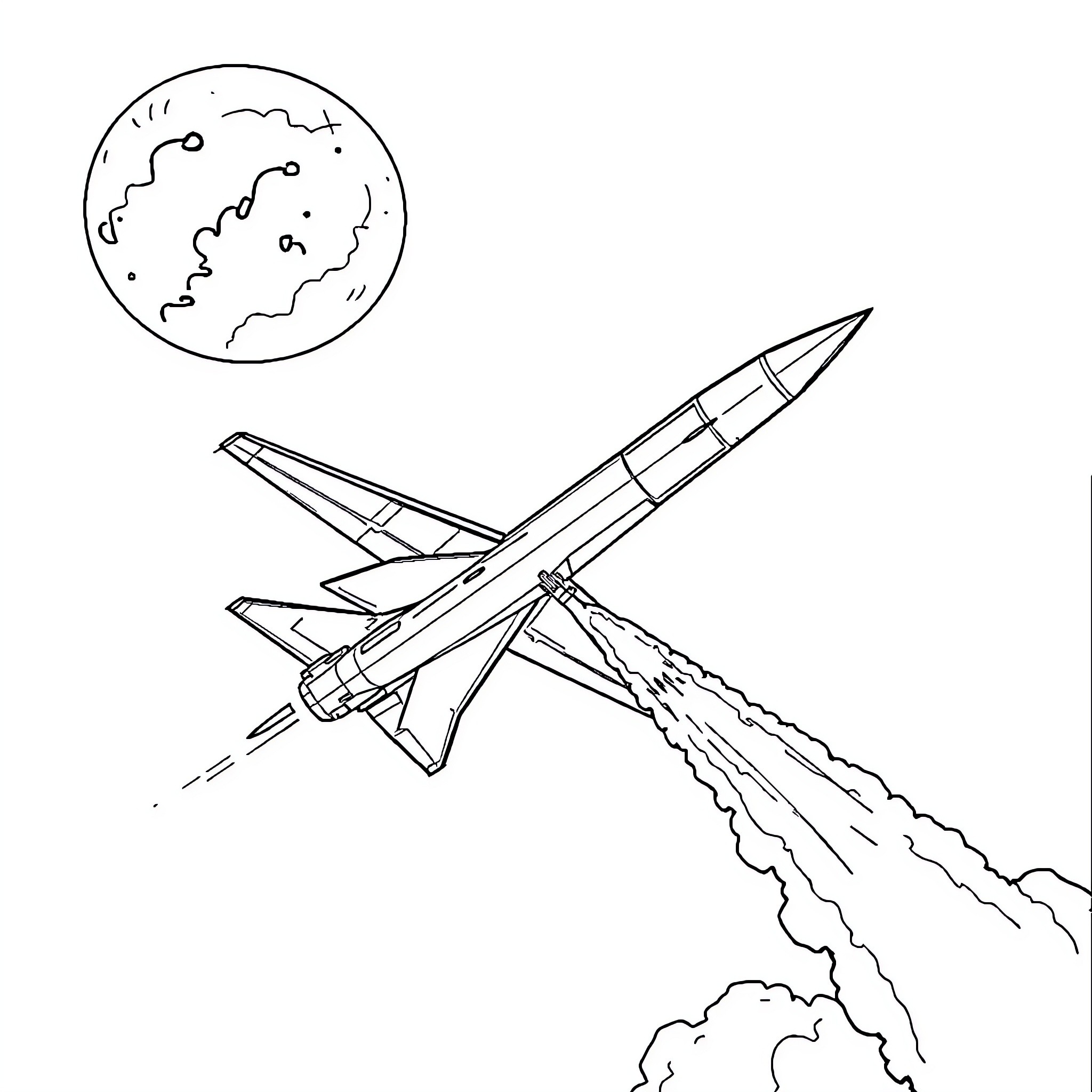 Missile launching into the night sky Coloring Page (free black-and-white line drawing printable PDF for all, from beginners to advanced learners, including children, teens, adults, and seniors)