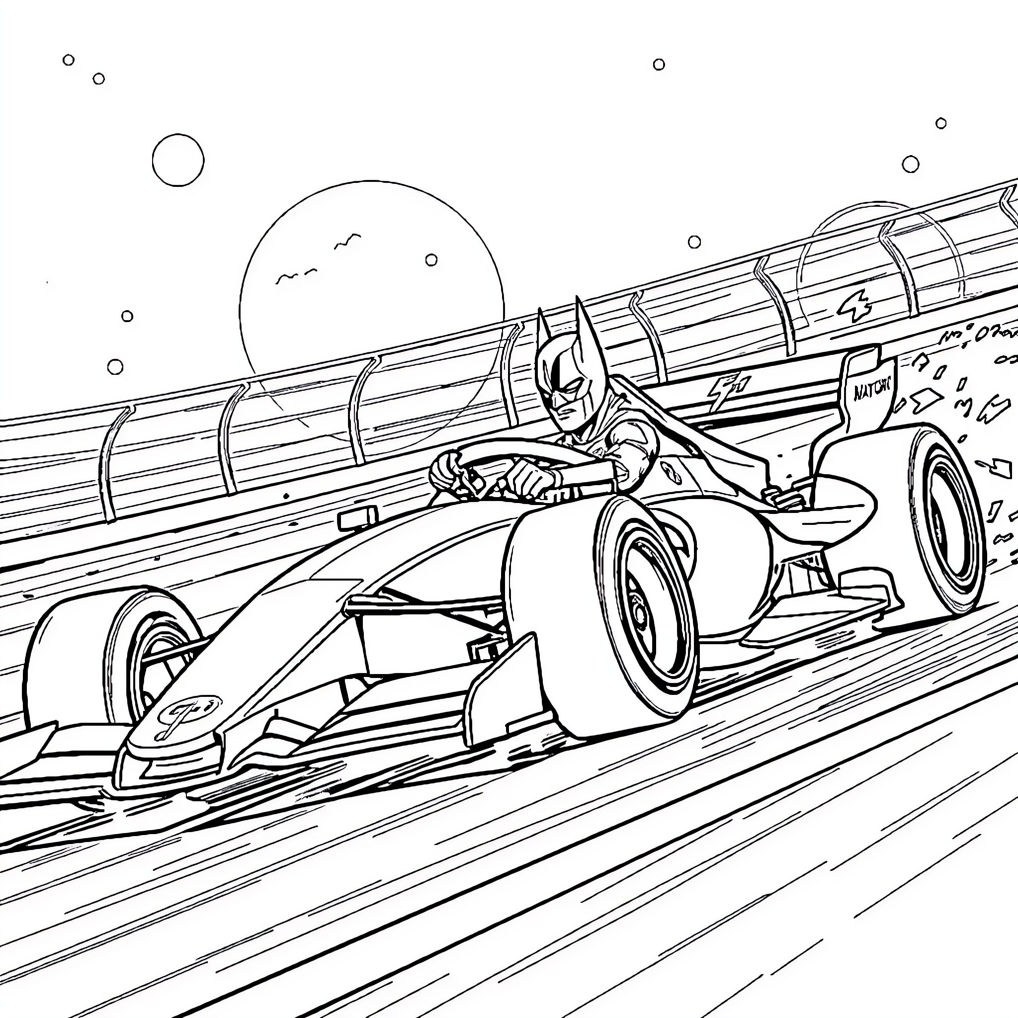 Batman's thrilling race in a high-speed formula car Coloring Page (free black-and-white line drawing printable PDF for all, from beginners to advanced learners, including children, teens, adults, and seniors)