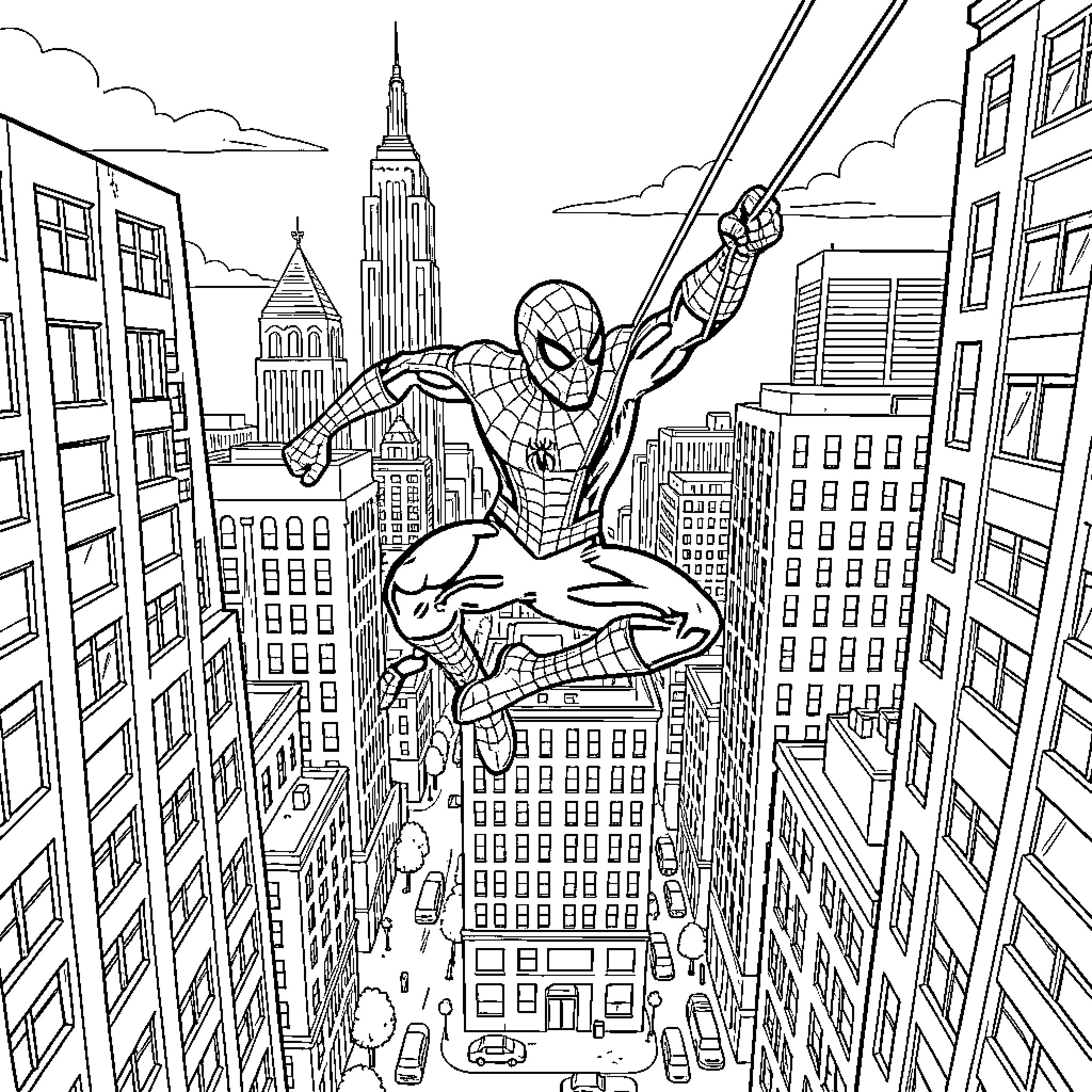 Spiderman swinging through high skyscrapers in the city Coloring Page (free black-and-white line drawing printable PDF for all, from beginners to advanced learners, including children, teens, adults, and seniors)