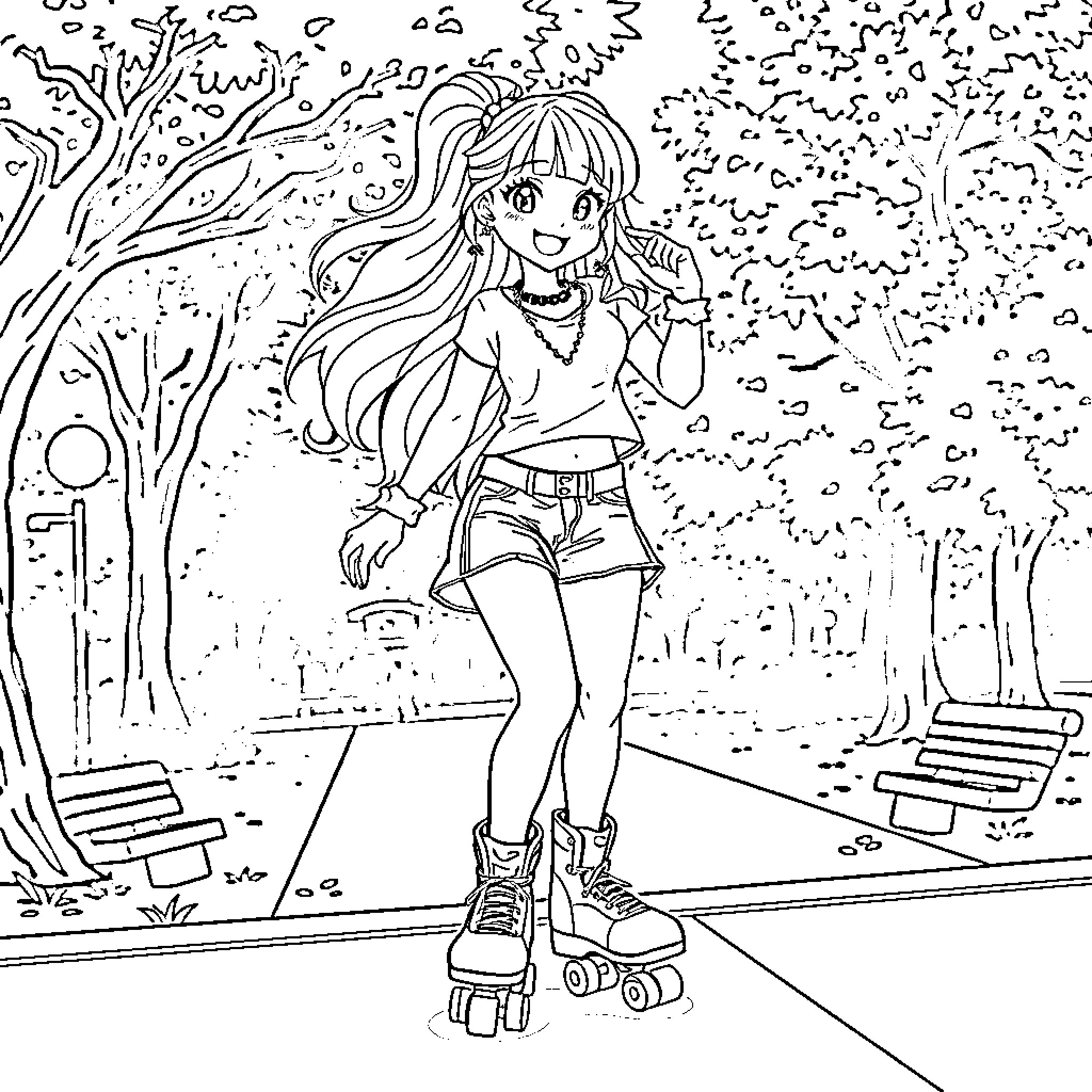 Anime Girl Rollerskating in the Park Coloring Page (free black-and-white line drawing printable PDF for all, from beginners to advanced learners, including children, teens, adults, and seniors)