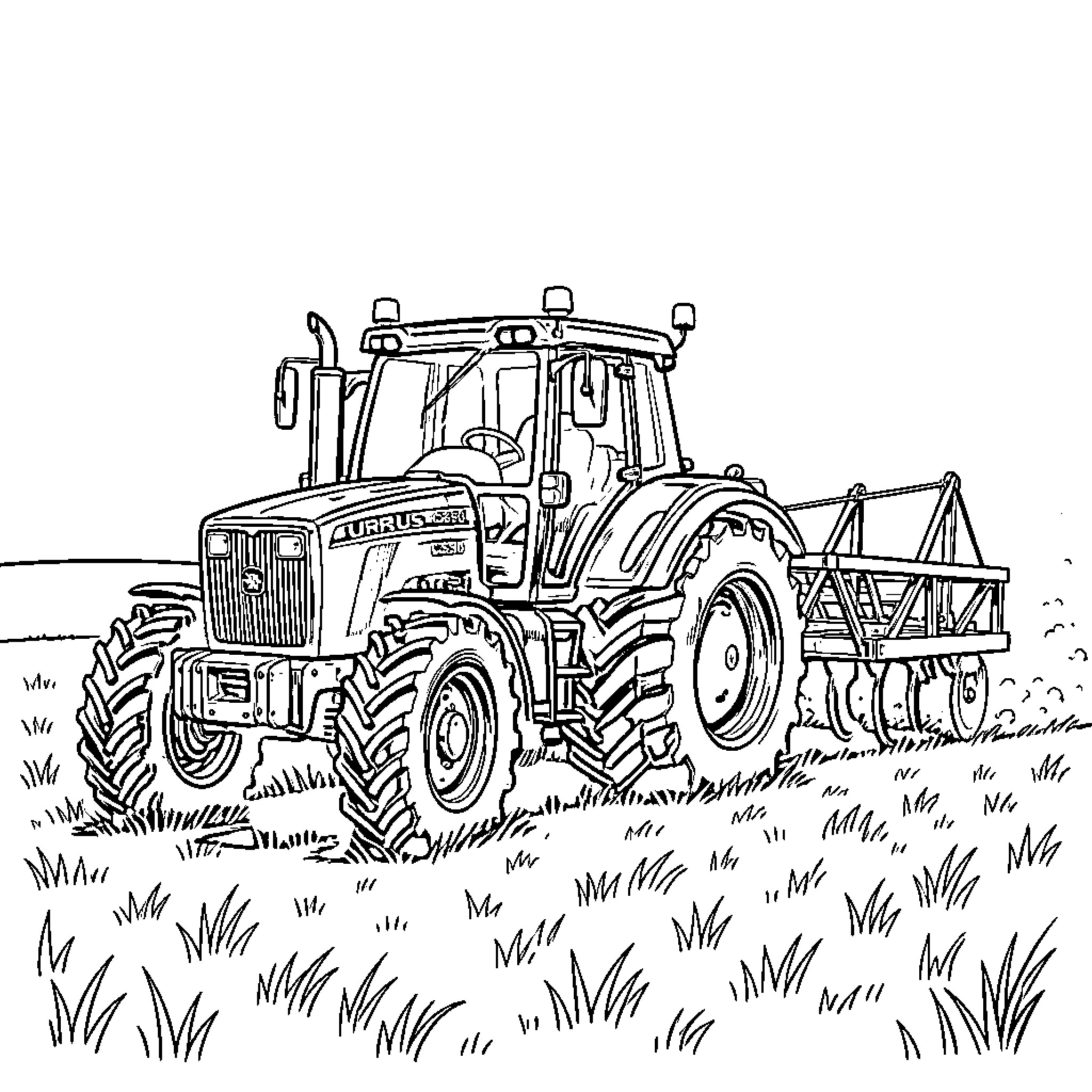 Tractor working in the field with farm equipment Coloring Page (free black-and-white line drawing printable PDF for all, from beginners to advanced learners, including children, teens, adults, and seniors)