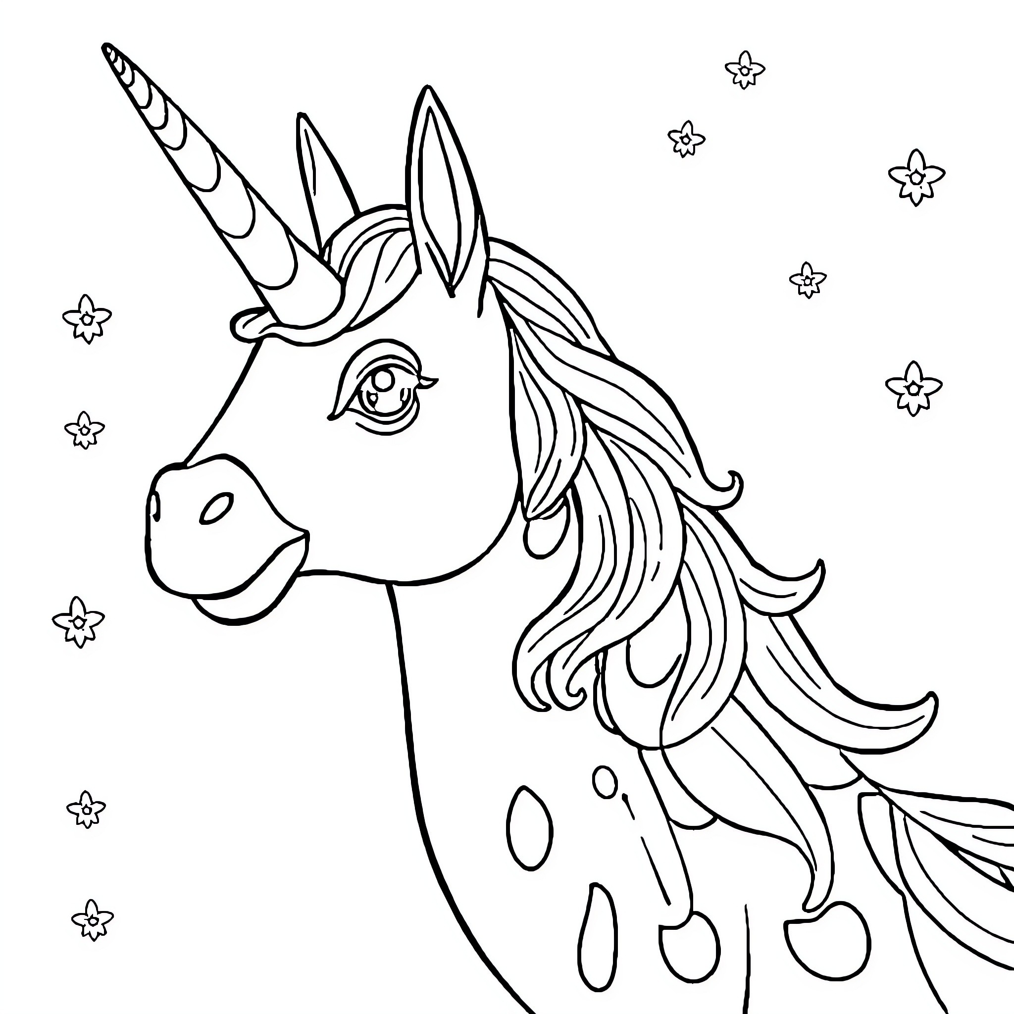 Paw Patrol Unicorn with Magical Flowers Coloring Page (free black-and-white line drawing printable PDF for all, from beginners to advanced learners, including children, teens, adults, and seniors)