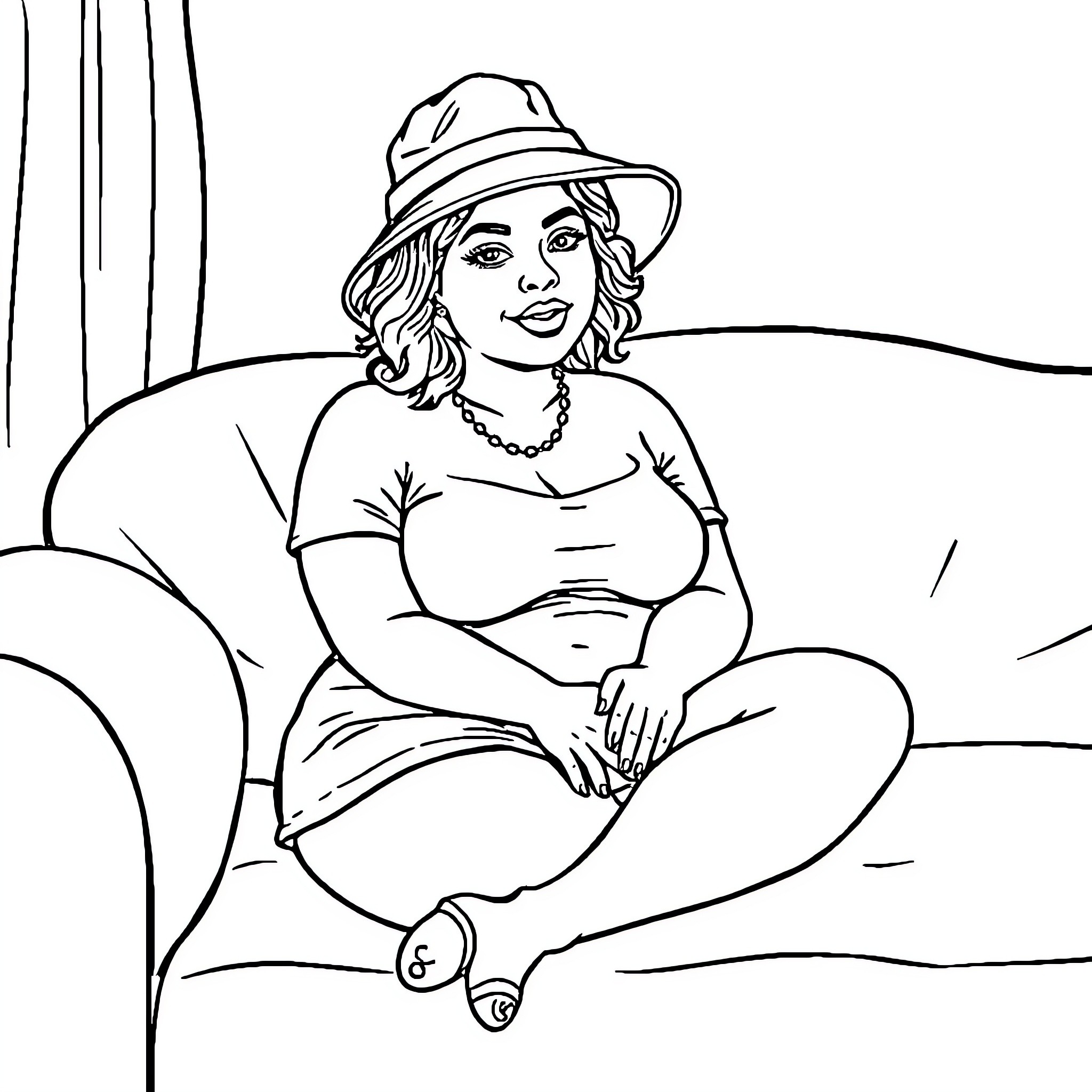 Lady resting comfortably on couch in stylish outfit Coloring Page (free black-and-white line drawing printable PDF for all, from beginners to advanced learners, including children, teens, adults, and seniors)