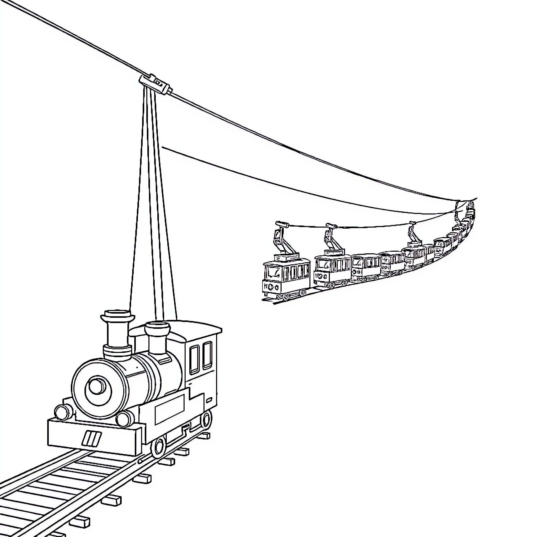 Train transporting passengers along a curved track Coloring Page (free black-and-white line drawing printable PDF for all, from beginners to advanced learners, including children, teens, adults, and seniors)