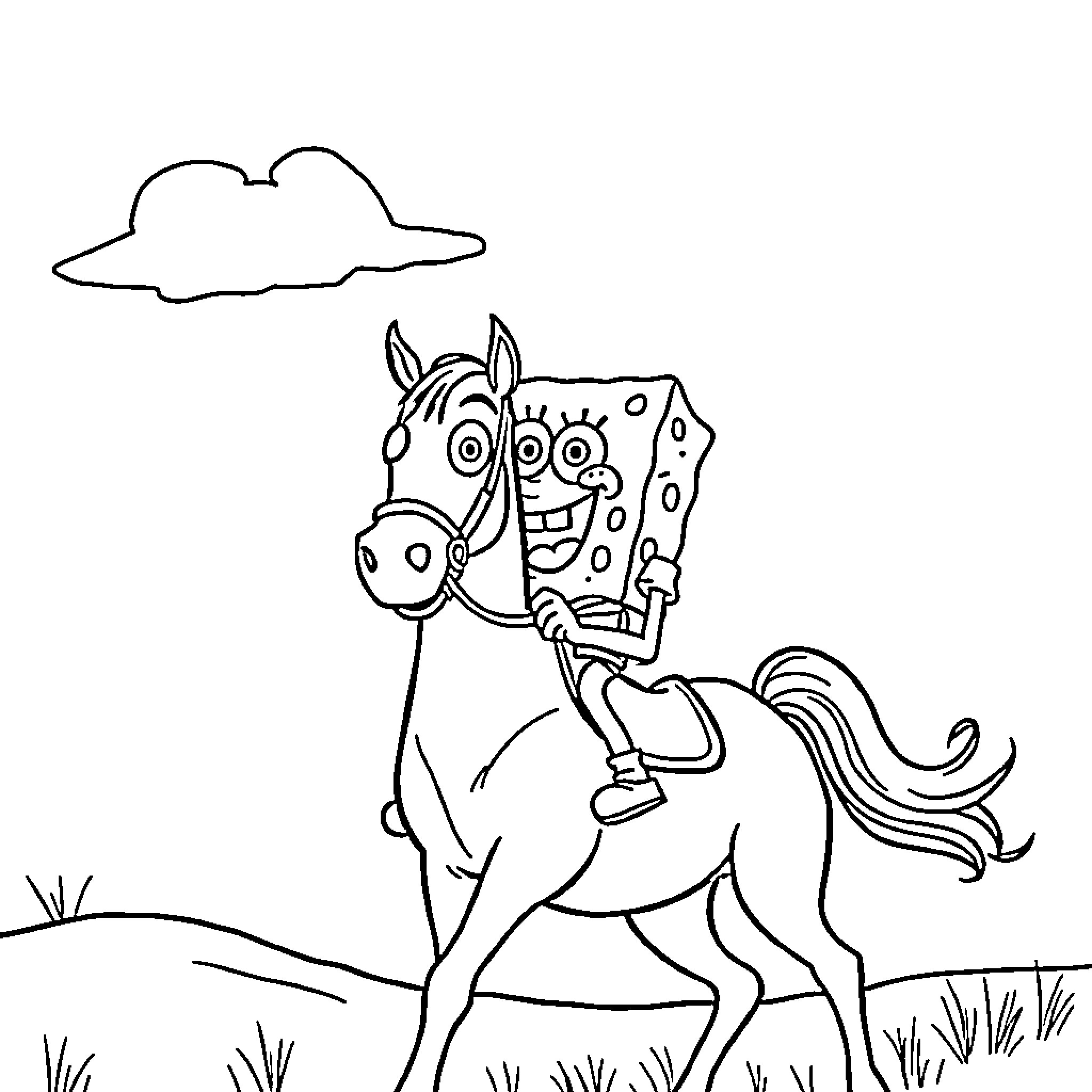 Spongebob's Dotty Ride on a Cheerful Horse Coloring Page (free black-and-white line drawing printable PDF for all, from beginners to advanced learners, including children, teens, adults, and seniors)