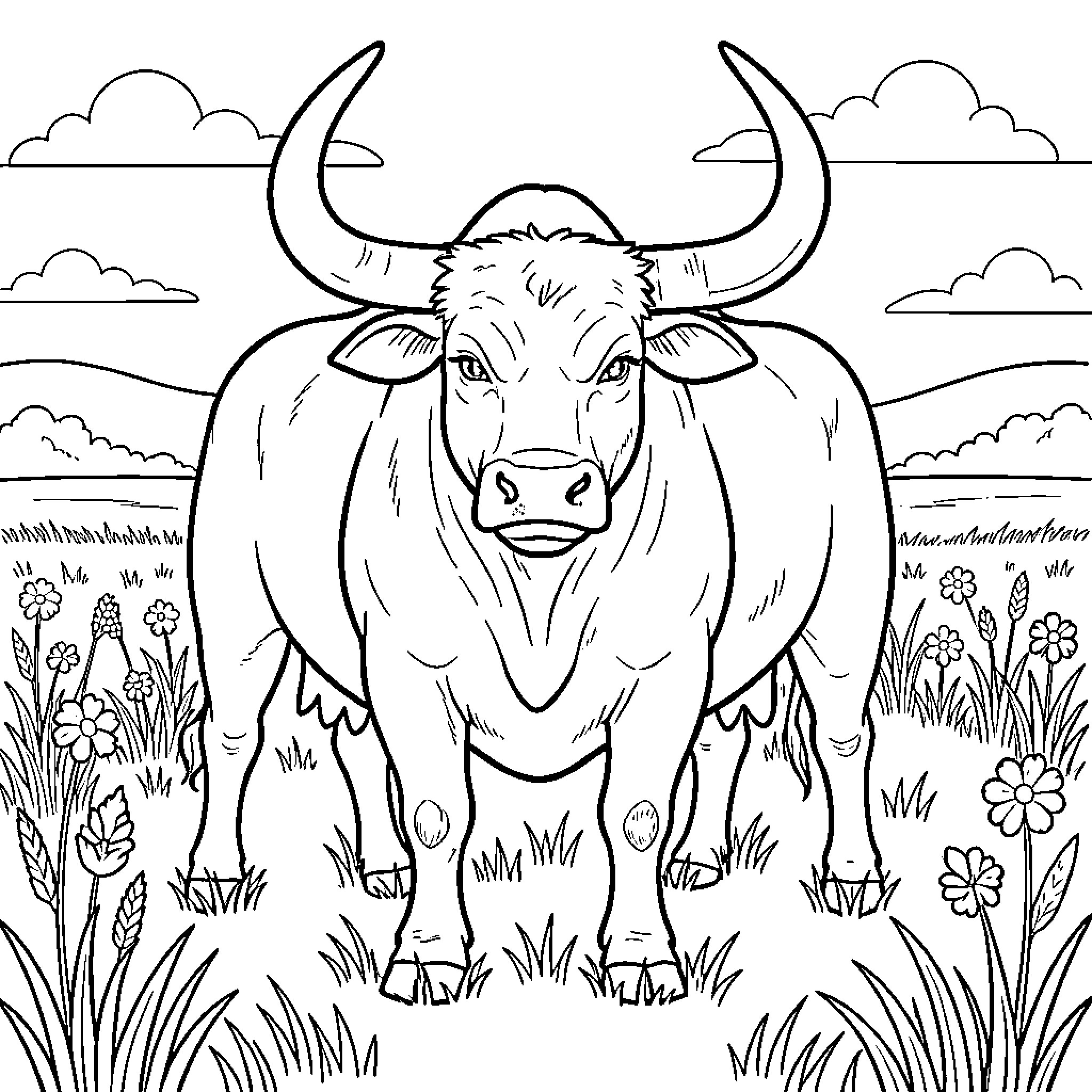 Bull standing majestically in a flowery meadow Coloring Page (free black-and-white line drawing printable PDF for all, from beginners to advanced learners, including children, teens, adults, and seniors)