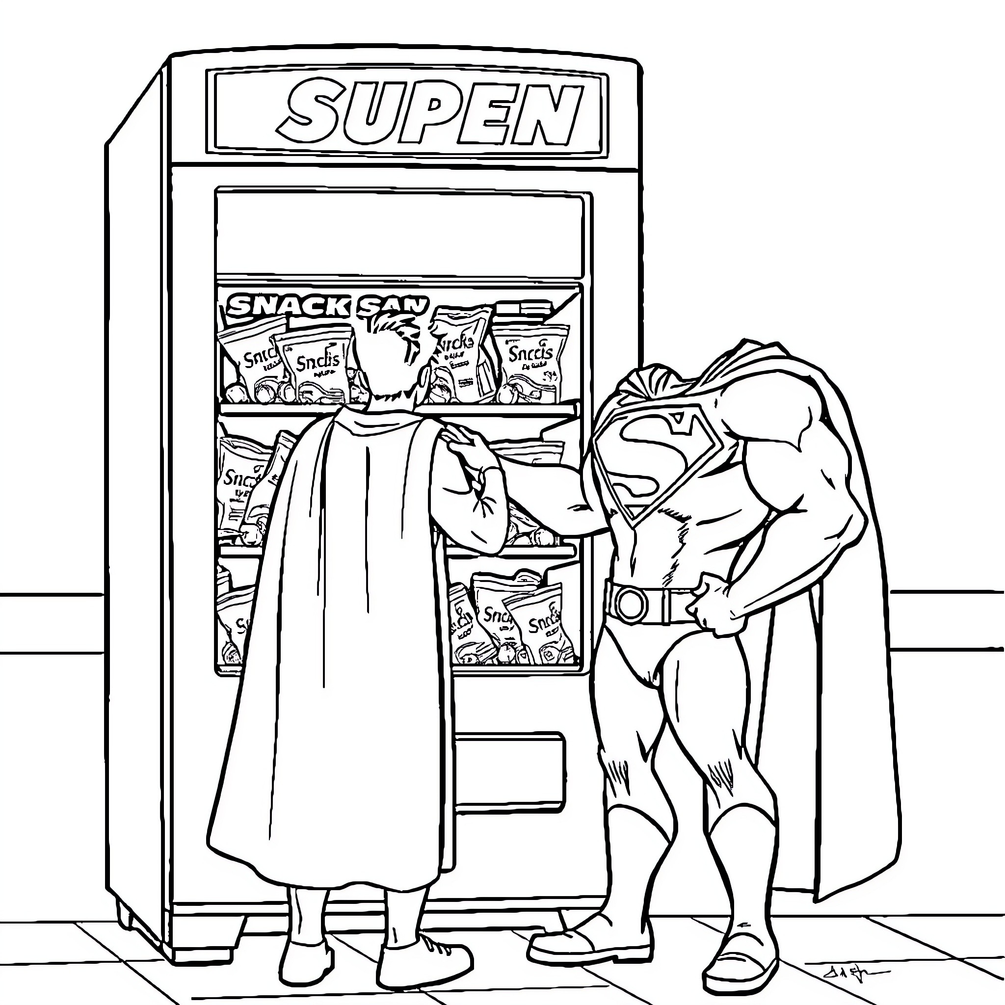 Superman buying snacks from a vending machine Coloring Page (free black-and-white line drawing printable PDF for all, from beginners to advanced learners, including children, teens, adults, and seniors)
