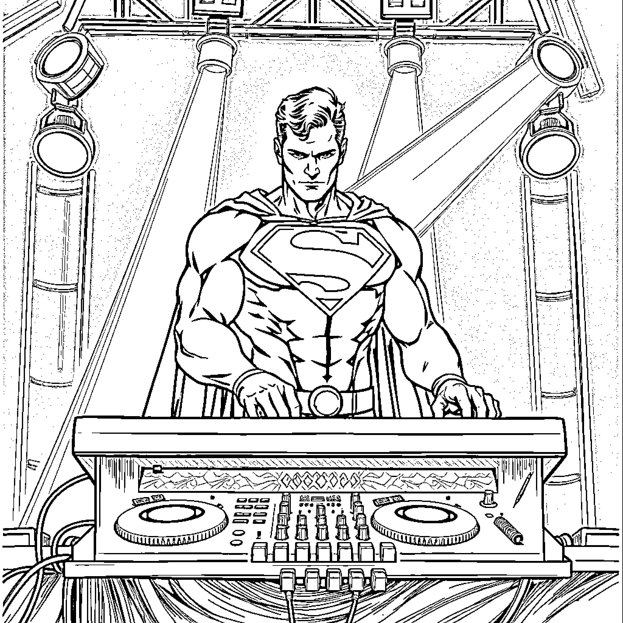 Superman operating DJ equipment in a stage setting Coloring Page (free black-and-white line drawing printable PDF for all, from beginners to advanced learners, including children, teens, adults, and seniors)
