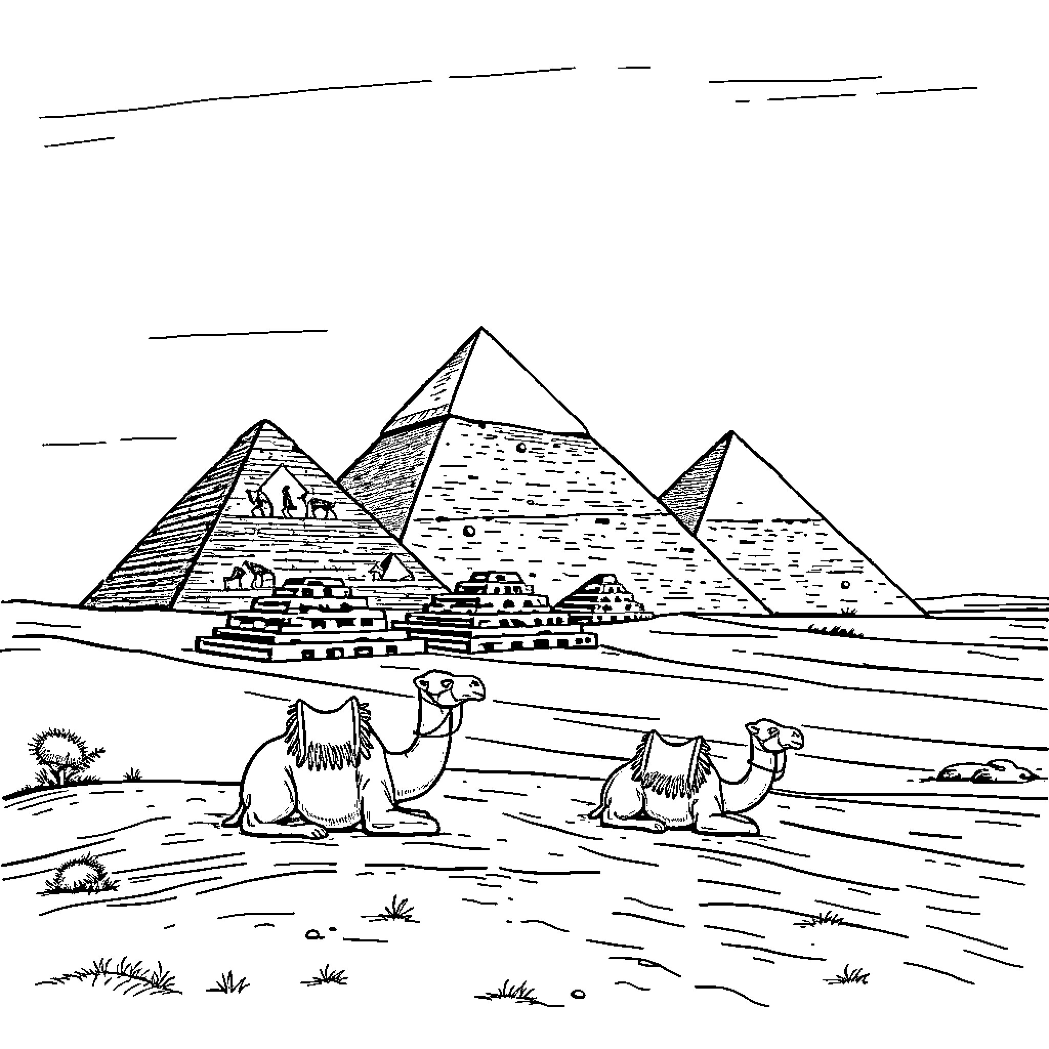 Pyramid Landscape with Camels in the Desert Coloring Page (free black-and-white line drawing printable PDF for all, from beginners to advanced learners, including children, teens, adults, and seniors)