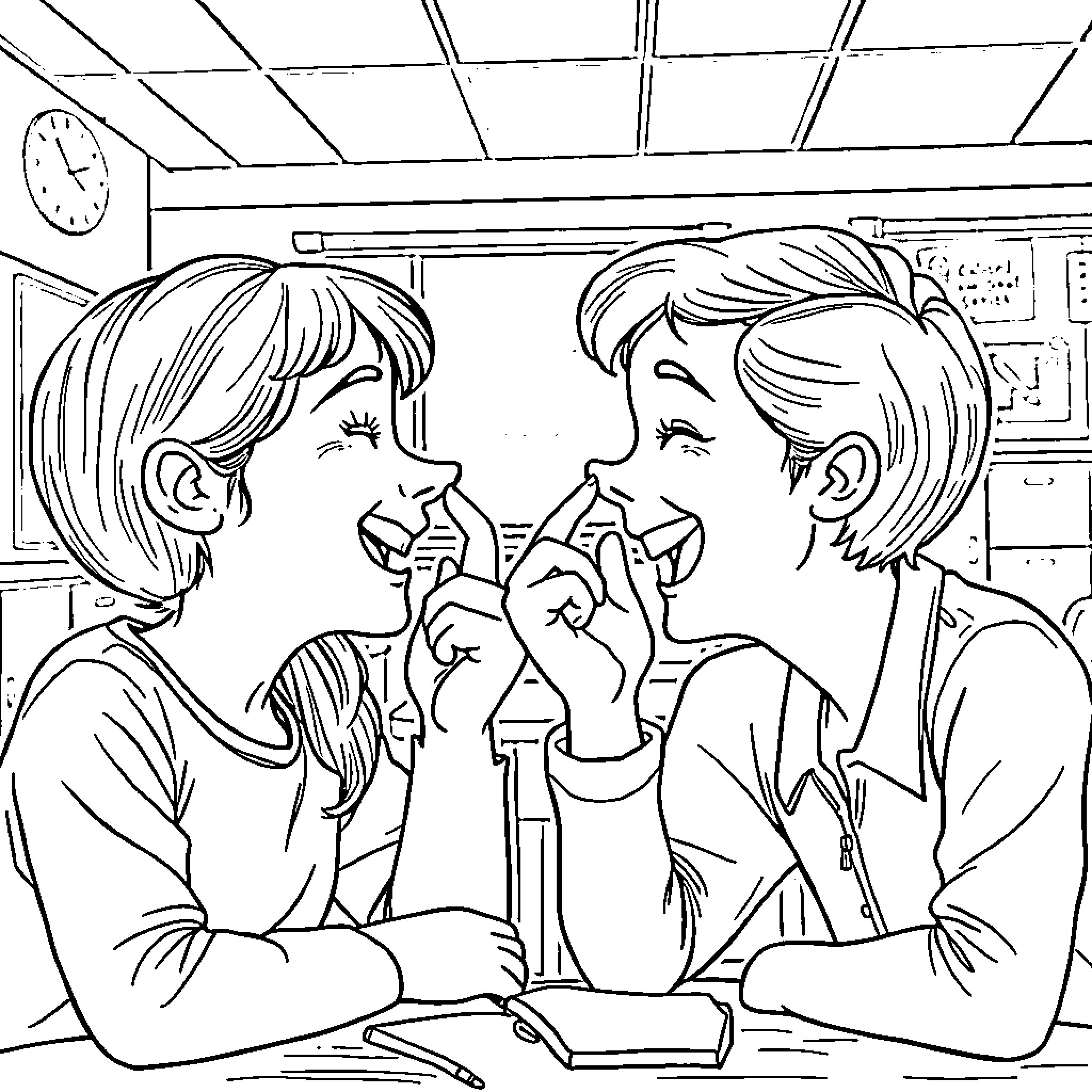 Friends sharing a moment in the classroom Coloring Page (free black-and-white line drawing printable PDF for all, from beginners to advanced learners, including children, teens, adults, and seniors)