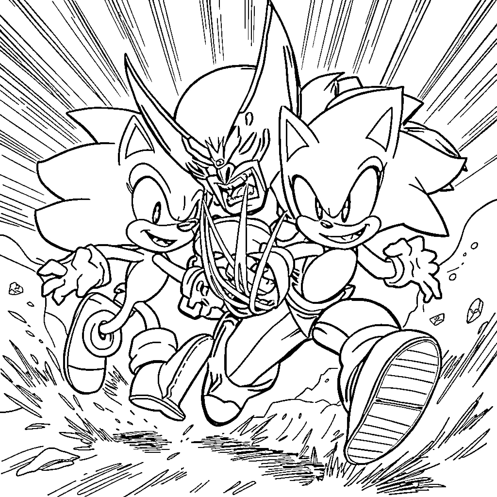 Wolverine-themed Sonic characters in action-packed scene Coloring Page (free black-and-white line drawing printable PDF for all, from beginners to advanced learners, including children, teens, adults, and seniors)