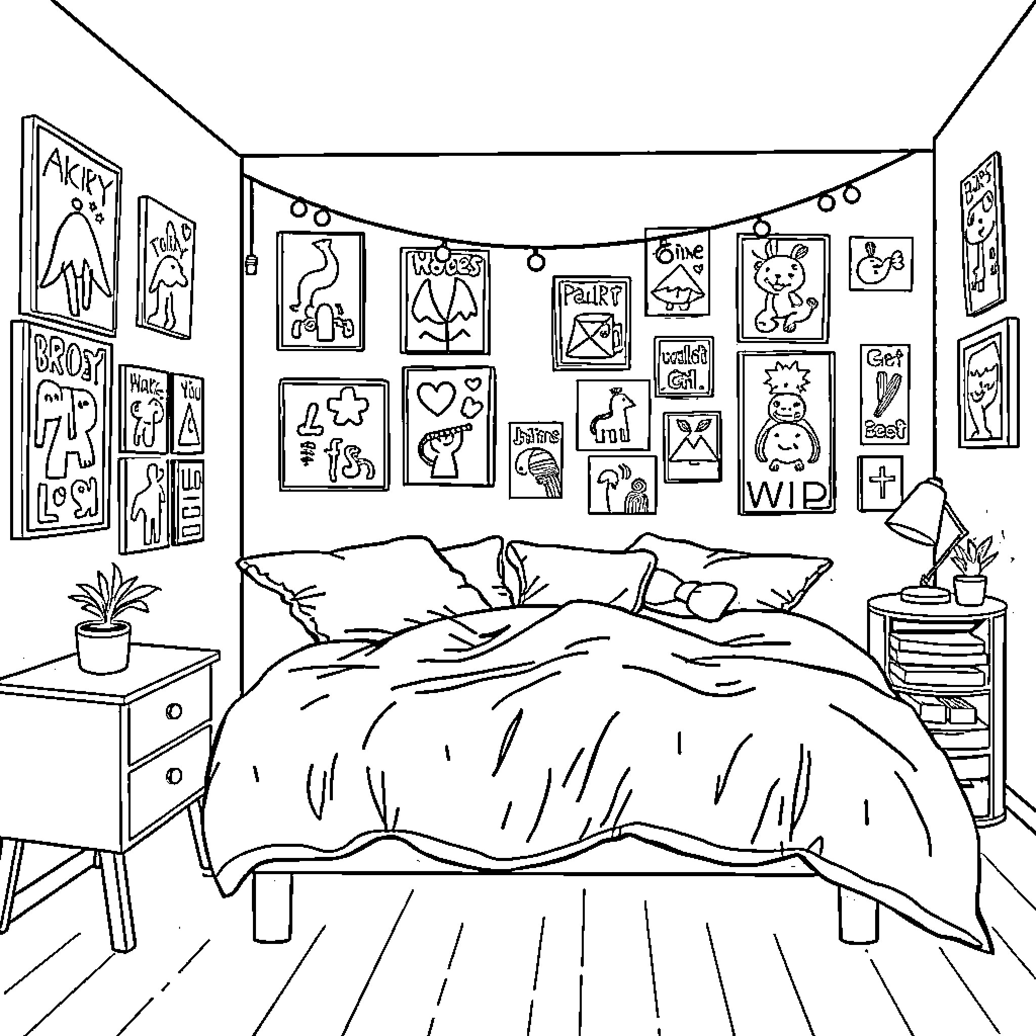 Room with Eclectic Wall Art and Cozy Bedding Coloring Page (free black-and-white line drawing printable PDF for all, from beginners to advanced learners, including children, teens, adults, and seniors)