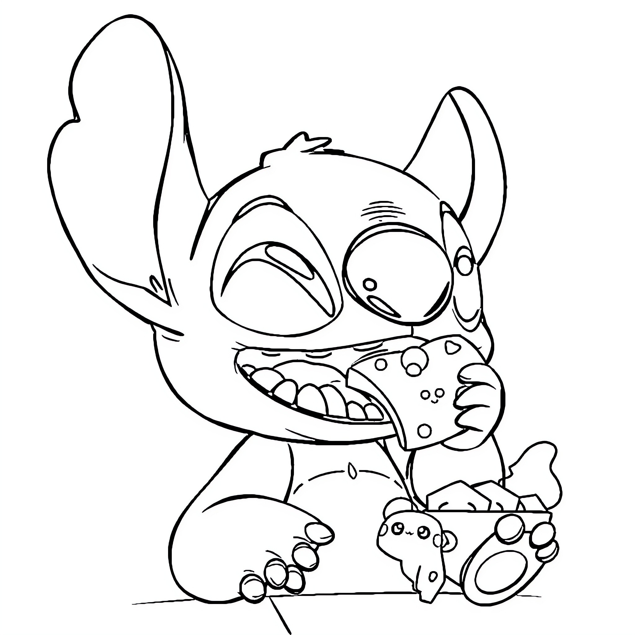 Stitch eating a sandwich with a mischievous expression Coloring Page (free black-and-white line drawing printable PDF for all, from beginners to advanced learners, including children, teens, adults, and seniors)