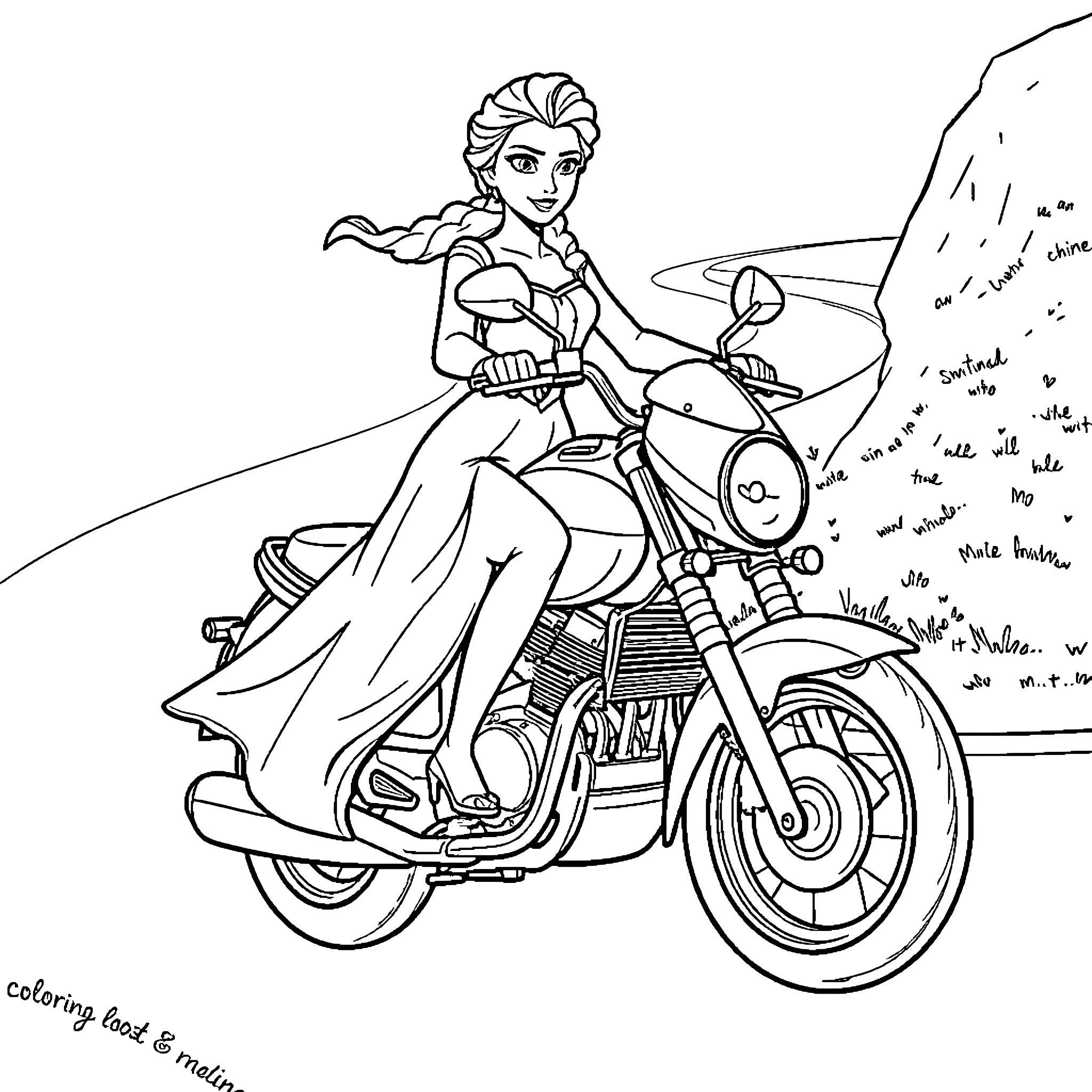 Princess Elsa rides a motorcycle through the snowy landscape Coloring Page (free black-and-white line drawing printable PDF for all, from beginners to advanced learners, including children, teens, adults, and seniors)
