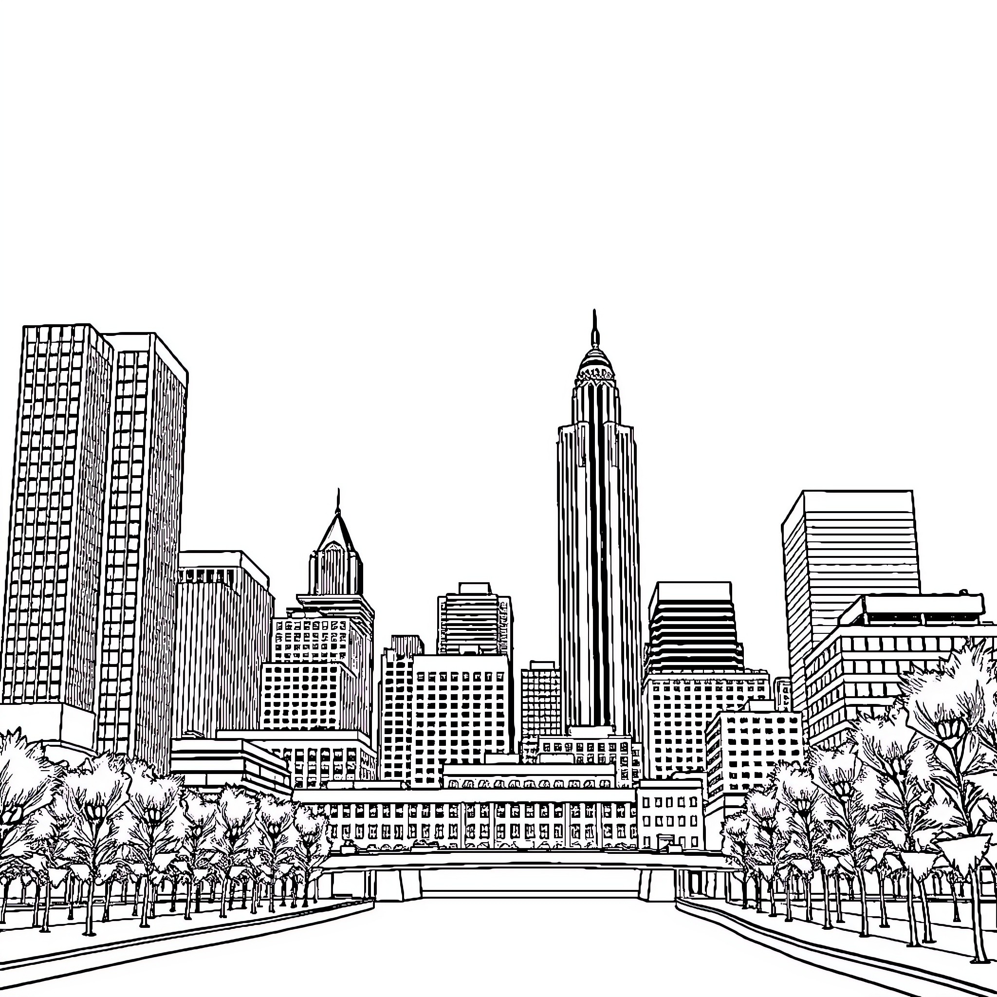 Columbus Cityscape with Iconic Landmarks Coloring Page (free black-and-white line drawing printable PDF for all, from beginners to advanced learners, including children, teens, adults, and seniors)