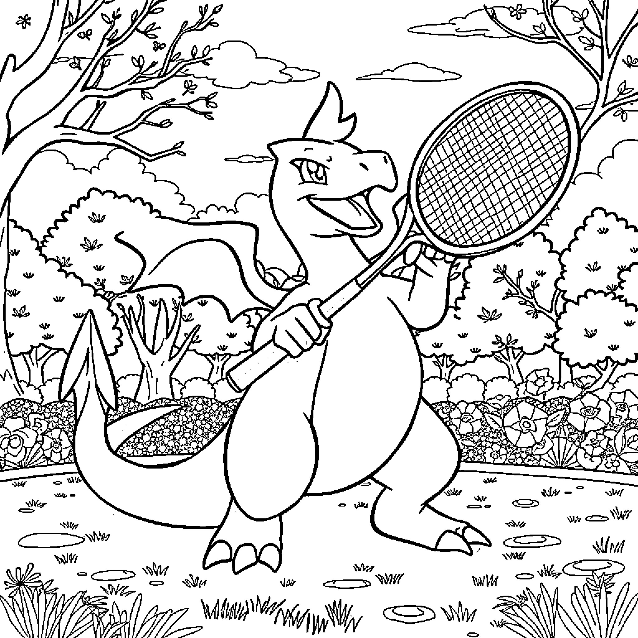 Charizard playing tennis in the nature Coloring Page (free black-and-white line drawing printable PDF for all, from beginners to advanced learners, including children, teens, adults, and seniors)