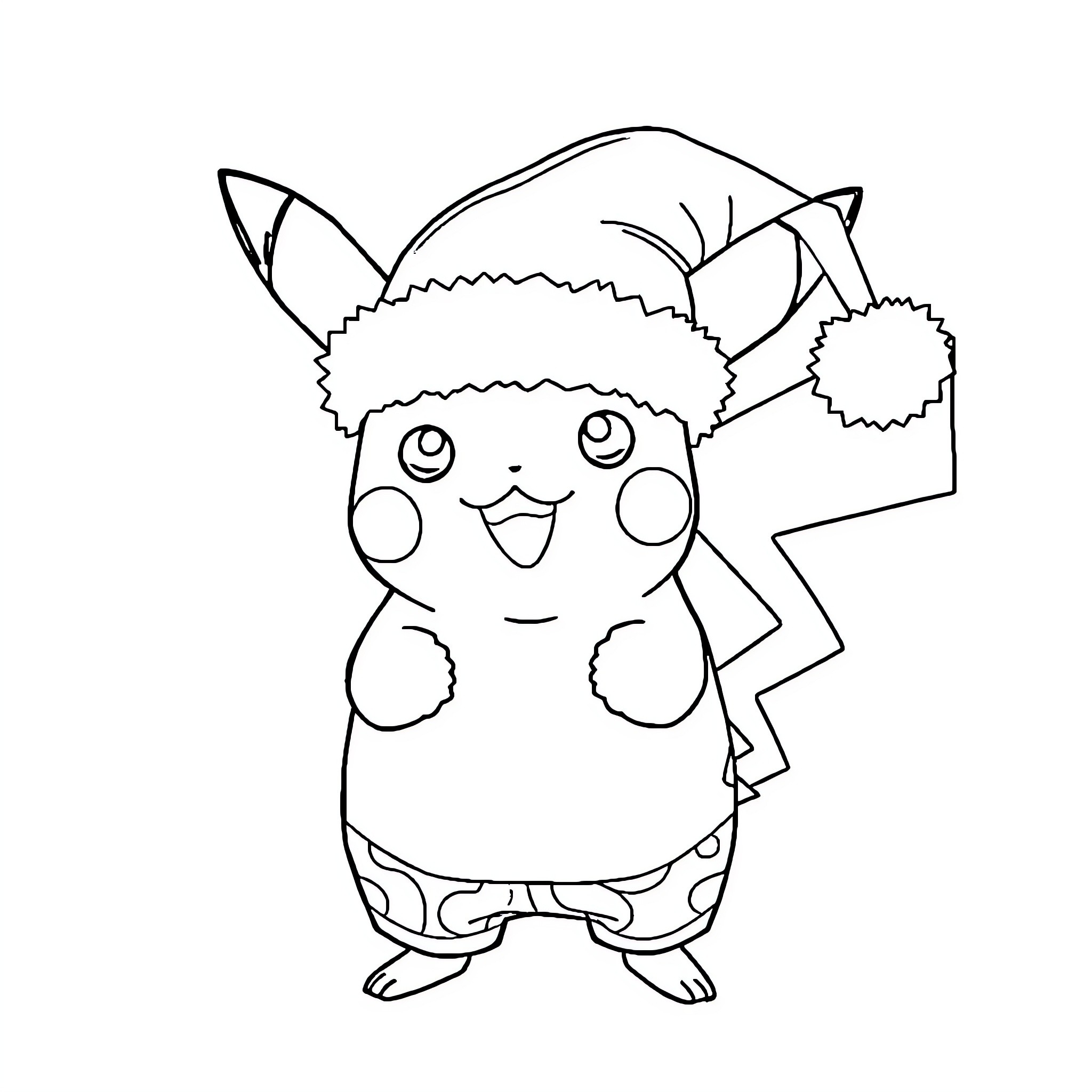 Pikachu wearing a Santa hat and smiling Coloring Page (free black-and-white line drawing printable PDF for all, from beginners to advanced learners, including children, teens, adults, and seniors)