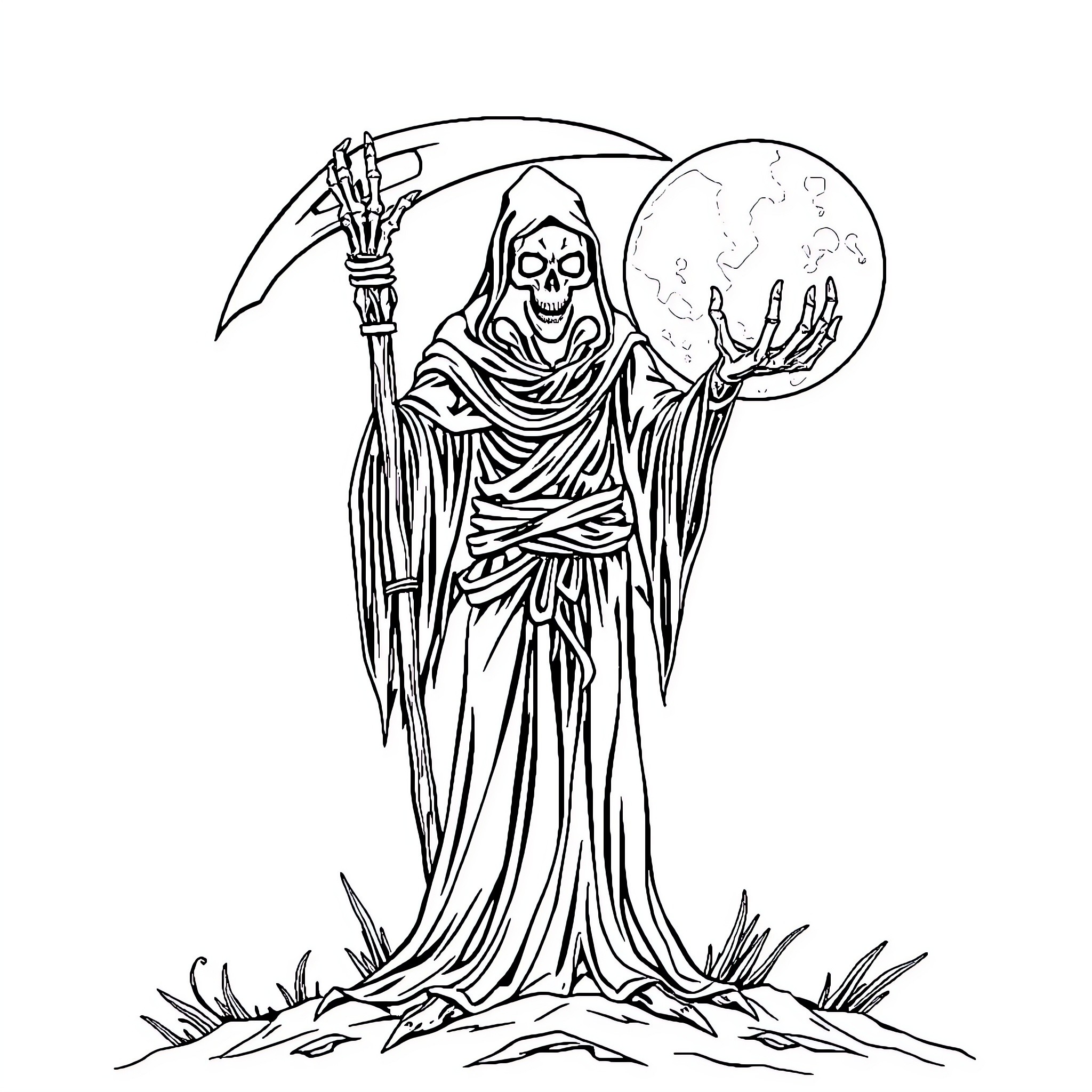Grim Reaper Wielding Scythe and Glowing Orb Coloring Page (free black-and-white line drawing printable PDF for all, from beginners to advanced learners, including children, teens, adults, and seniors)