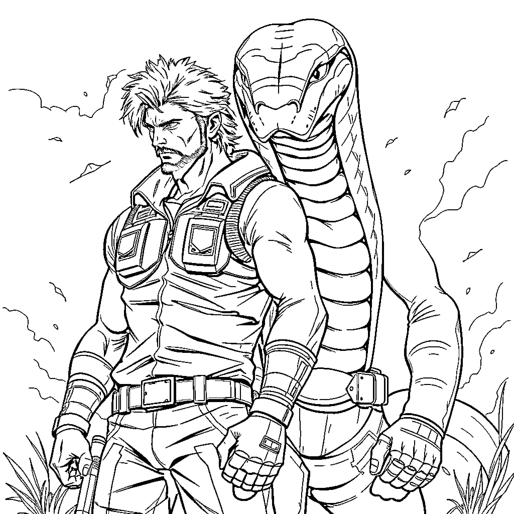 Solid Snake on a dangerous mission Coloring Page (free black-and-white line drawing printable PDF for all, from beginners to advanced learners, including children, teens, adults, and seniors)