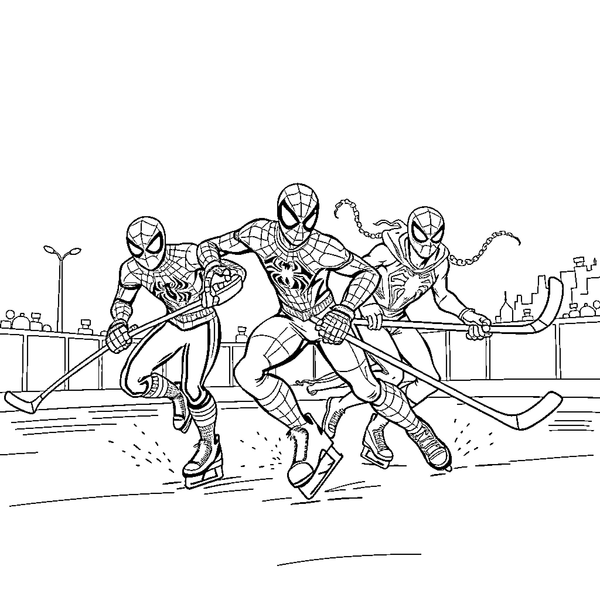 Spiderman heroic trio in action-packed scene Coloring Page (free black-and-white line drawing printable PDF for all, from beginners to advanced learners, including children, teens, adults, and seniors)