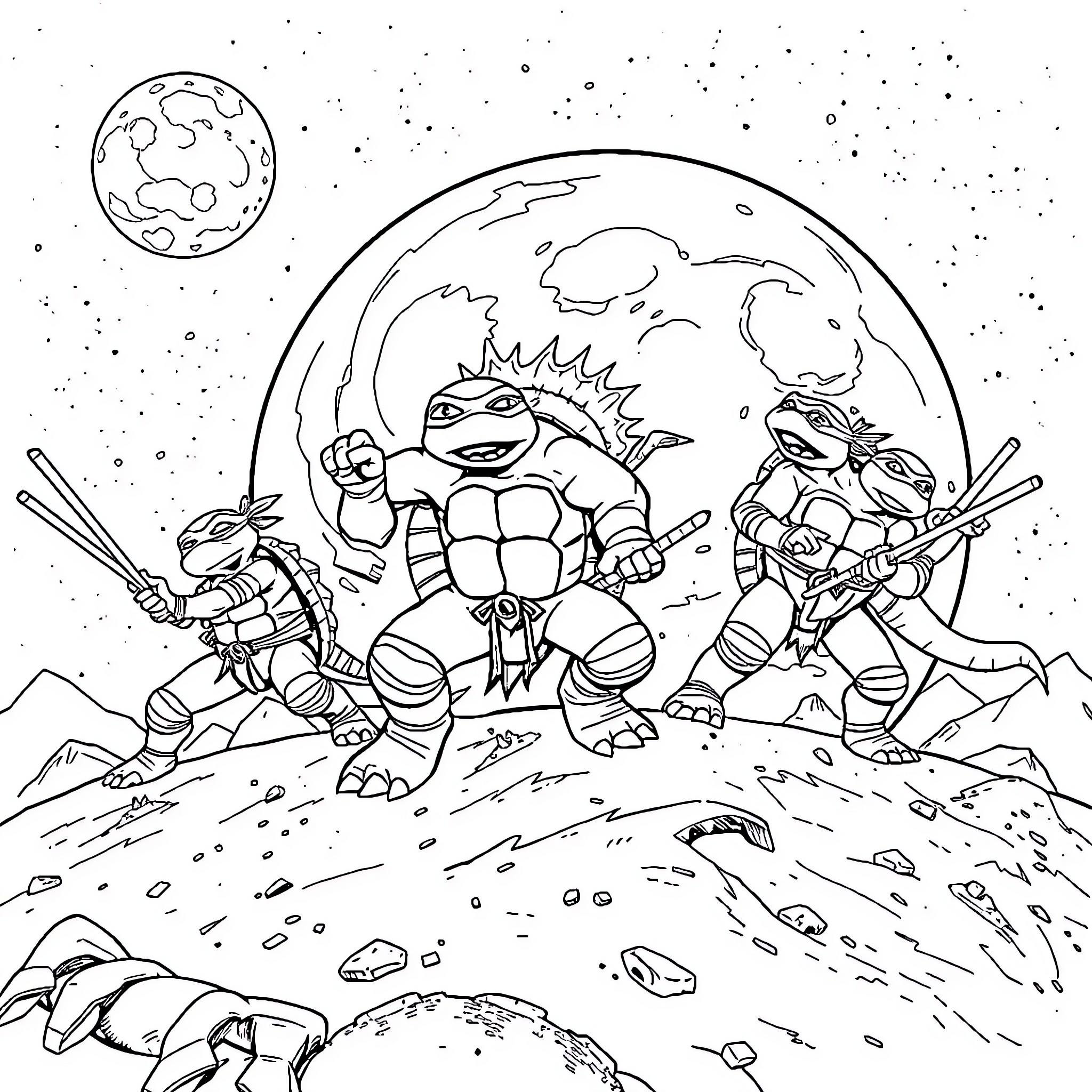 Teenage Mutant Ninja Turtles on an Alien Planet Coloring Page (free black-and-white line drawing printable PDF for all, from beginners to advanced learners, including children, teens, adults, and seniors)