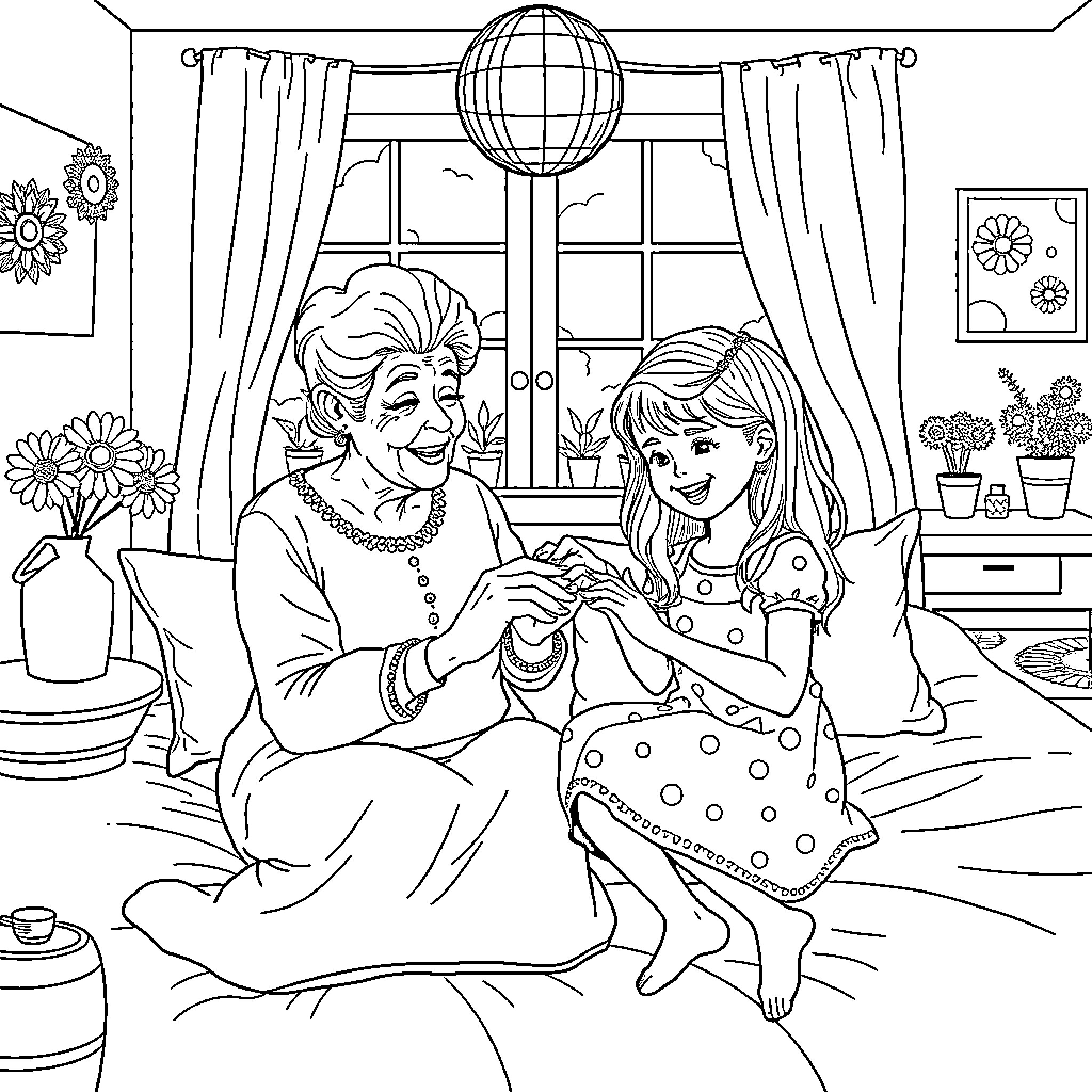 Grandma bonding with granddaughter in cozy living room Coloring Page (free black-and-white line drawing printable PDF for all, from beginners to advanced learners, including children, teens, adults, and seniors)