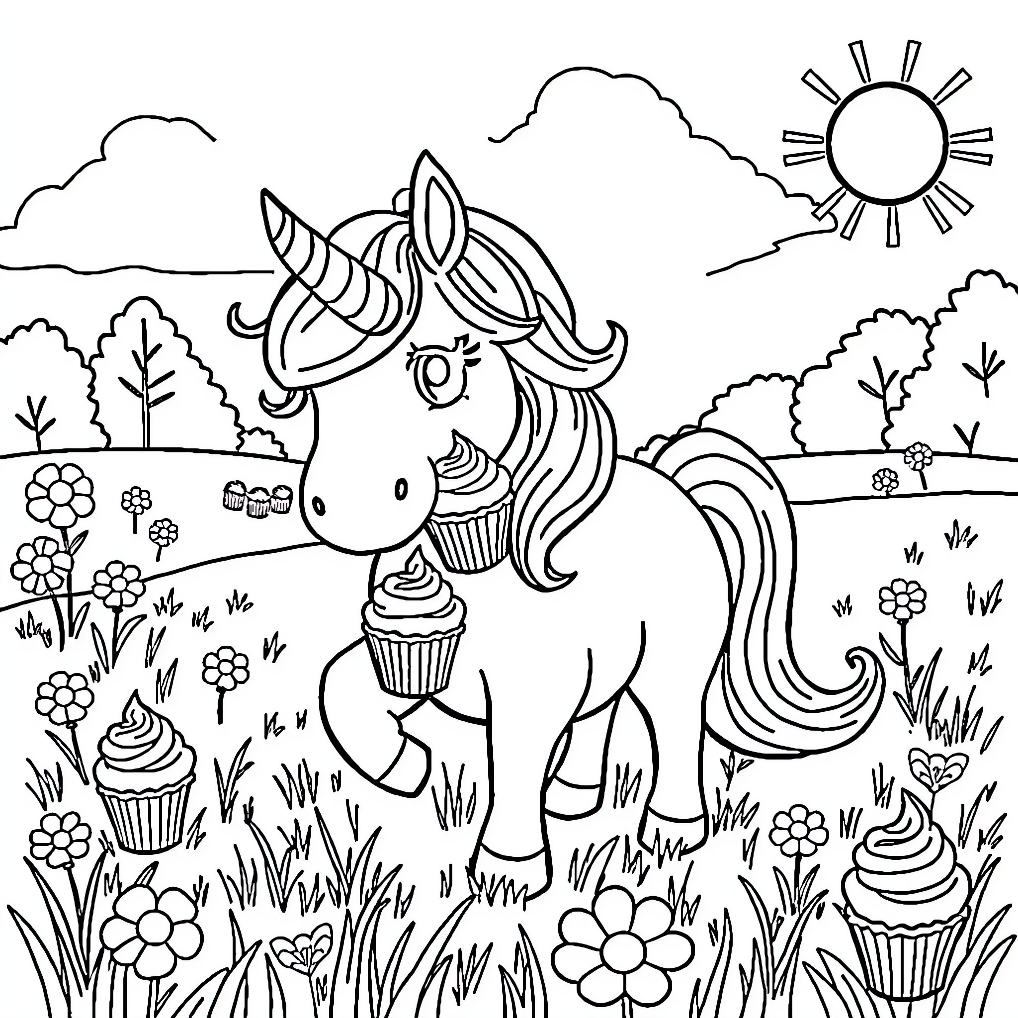 Unicorn enjoying a sunny day in a floral meadow Coloring Page (free black-and-white line drawing printable PDF for all, from beginners to advanced learners, including children, teens, adults, and seniors)