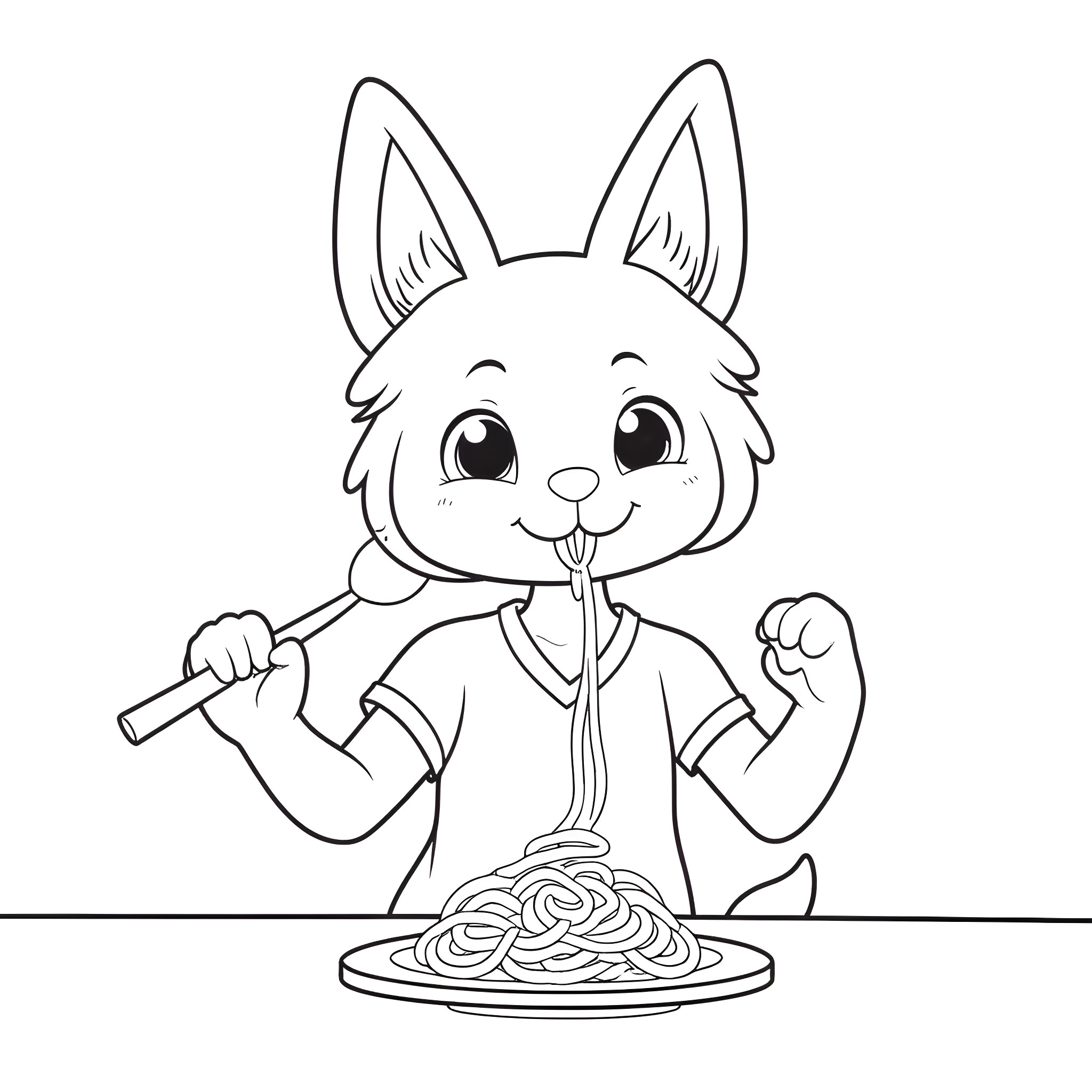 Mogwai happily eating spaghetti with a fork Coloring Page (free black-and-white line drawing printable PDF for all, from beginners to advanced learners, including children, teens, adults, and seniors)