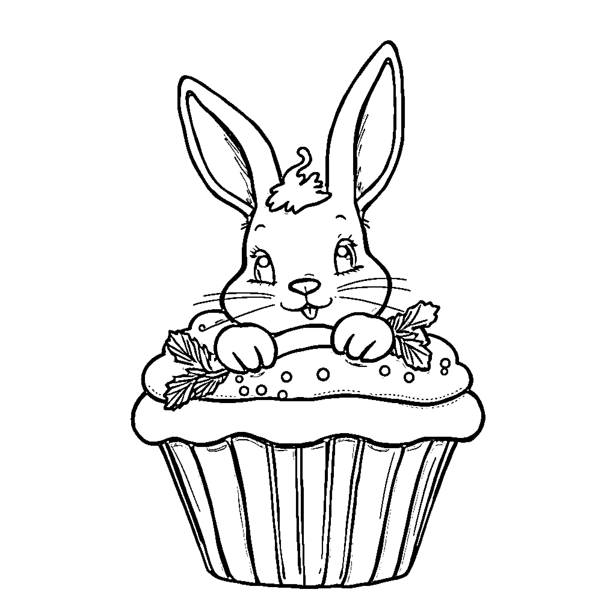 Bunny peeking out from cupcake Coloring Page (free black-and-white line drawing printable PDF for all, from beginners to advanced learners, including children, teens, adults, and seniors)