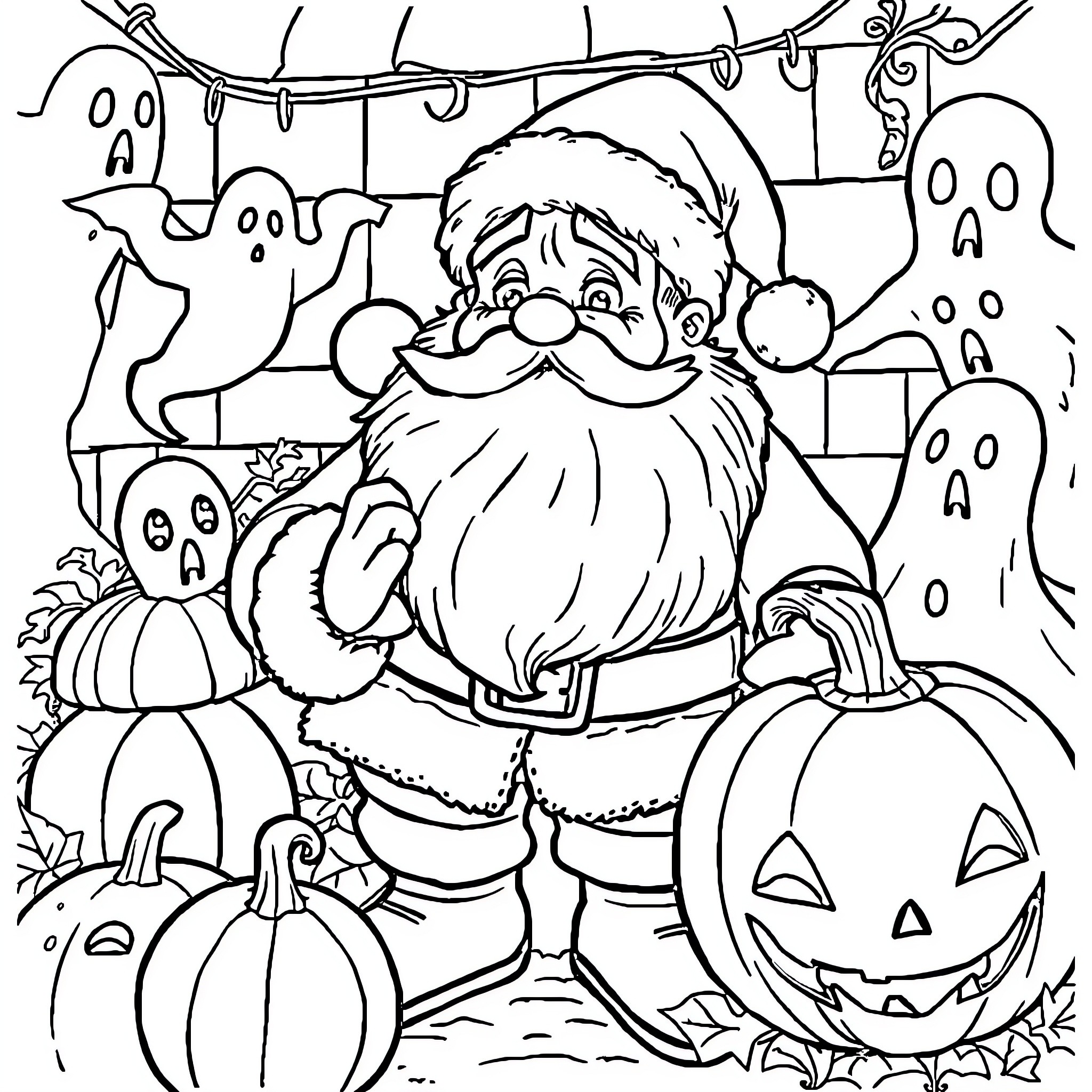 Santa surrounded by spooky Halloween decorations Coloring Page (free black-and-white line drawing printable PDF for all, from beginners to advanced learners, including children, teens, adults, and seniors)