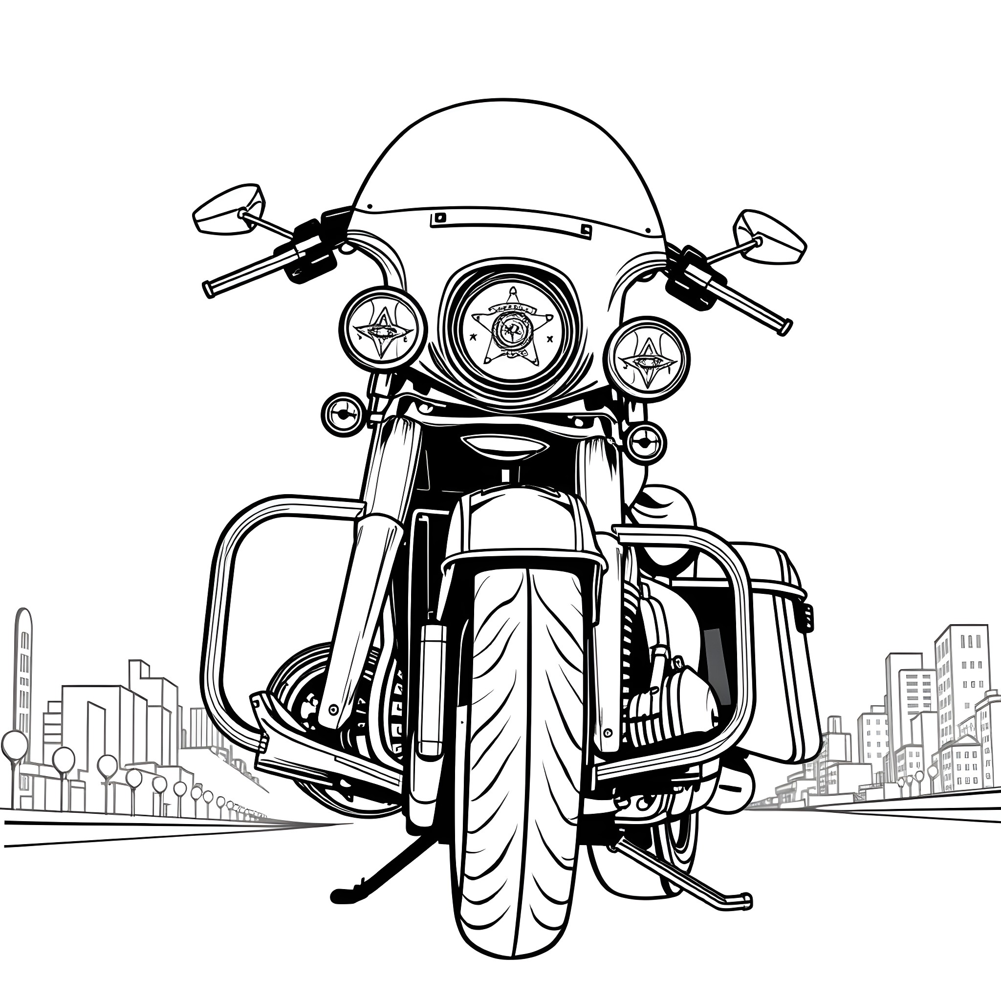 Police Motorcycle Patrol in the City Coloring Page (free black-and-white line drawing printable PDF for all, from beginners to advanced learners, including children, teens, adults, and seniors)