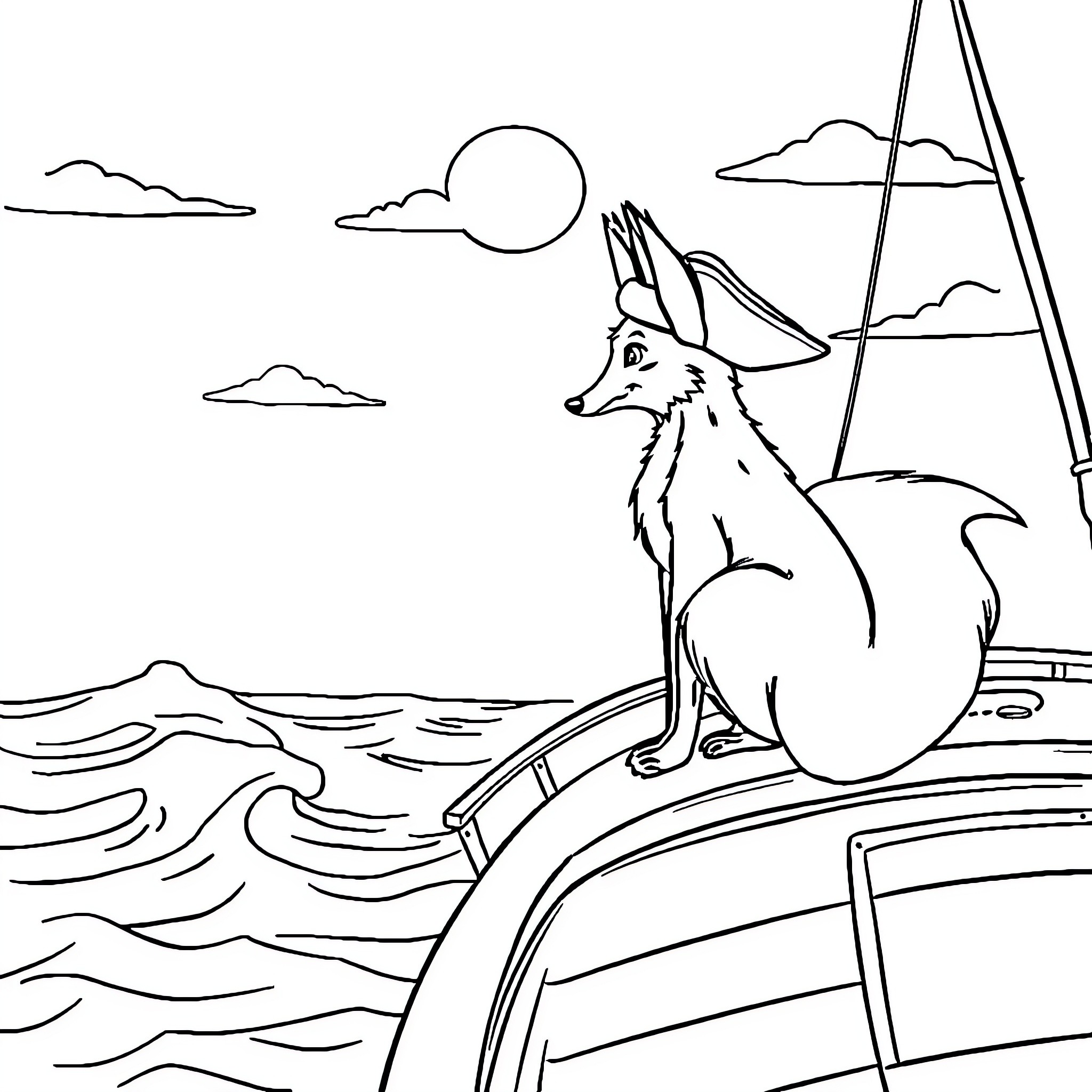 Fox sailing on a boat under the moonlight Coloring Page (free black-and-white line drawing printable PDF for all, from beginners to advanced learners, including children, teens, adults, and seniors)