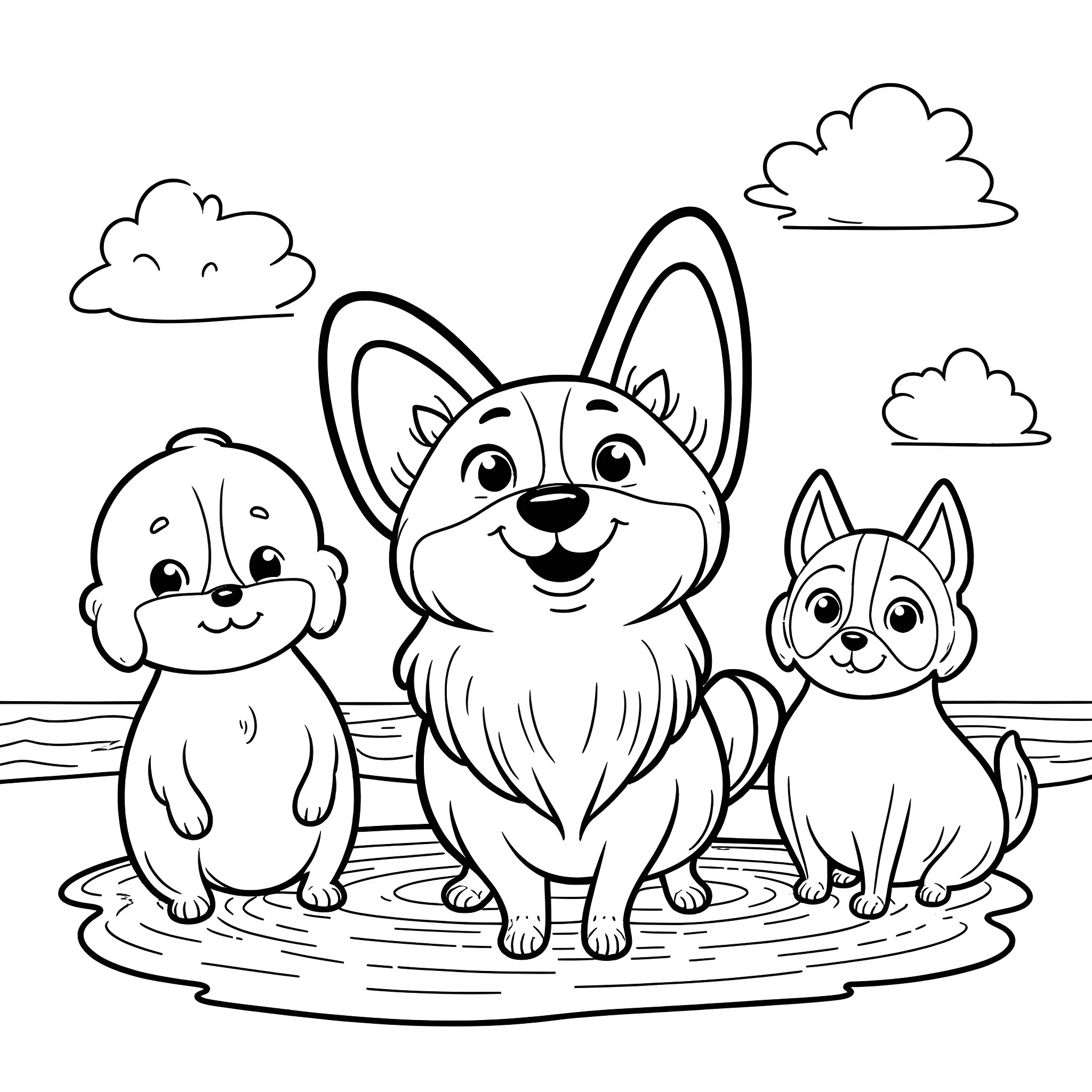 Corgi dogs enjoying the outdoors together Coloring Page (free black-and-white line drawing printable PDF for all, from beginners to advanced learners, including children, teens, adults, and seniors)