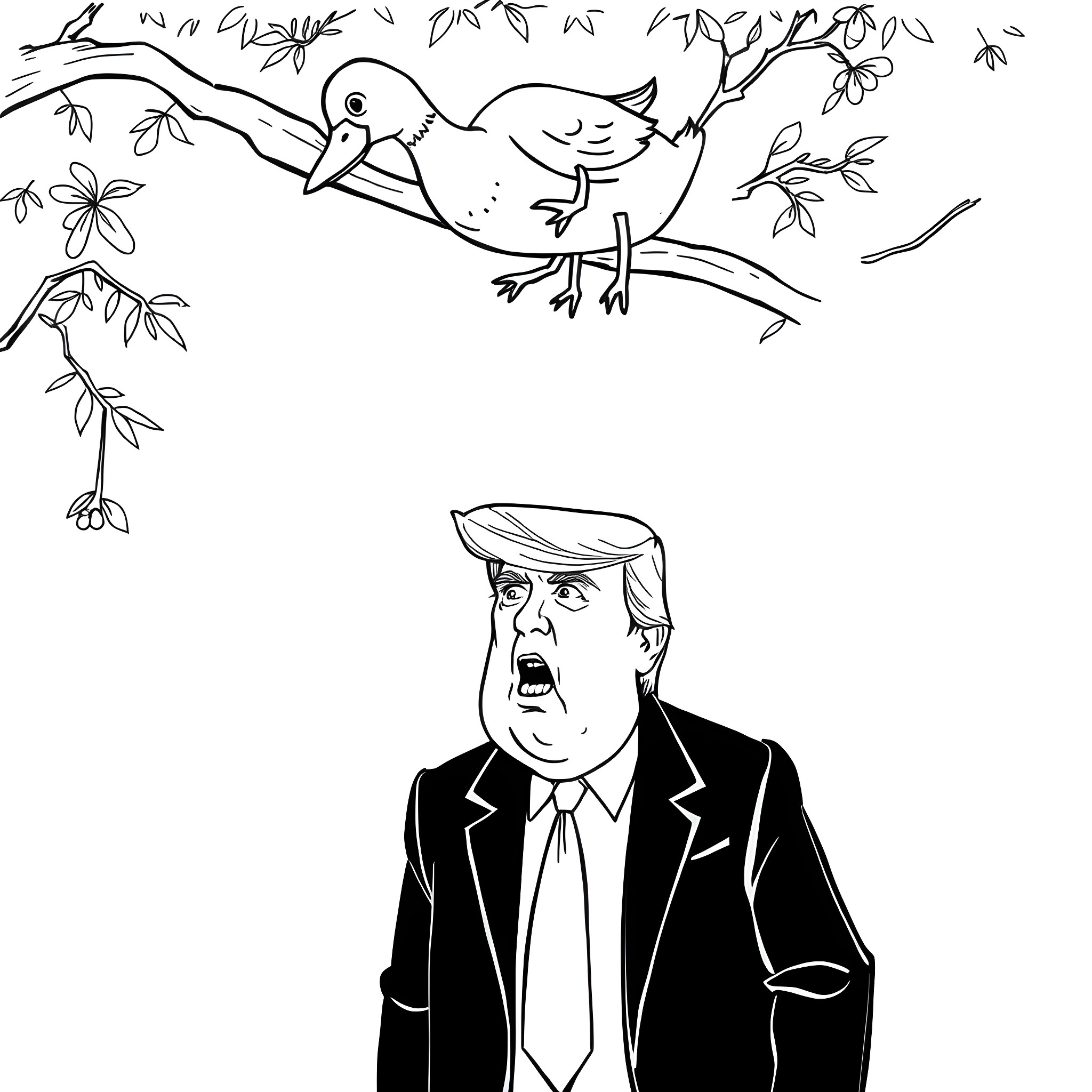 Donald Trump and birds in nature Coloring Page (free black-and-white line drawing printable PDF for all, from beginners to advanced learners, including children, teens, adults, and seniors)