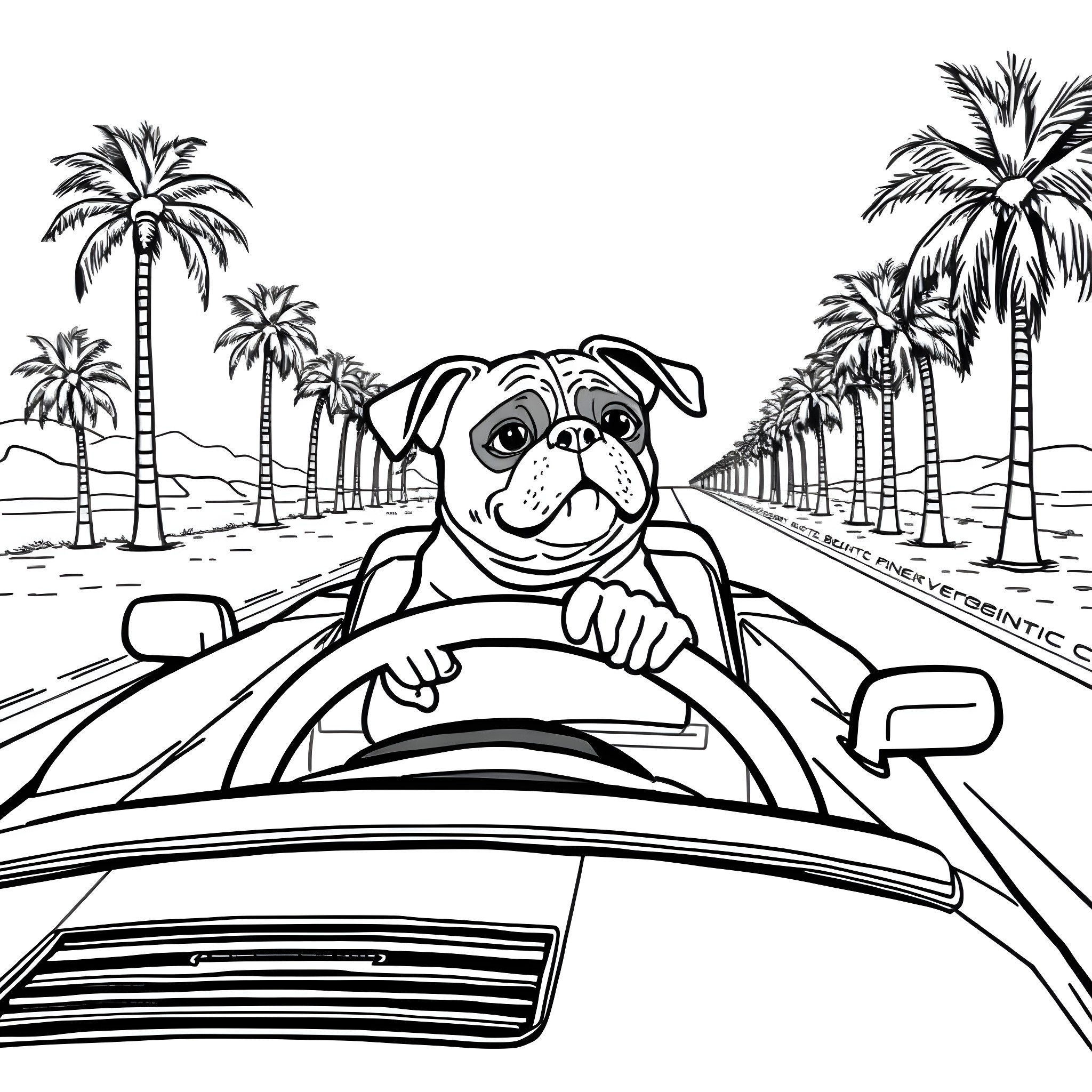 Pug driving a car on a tropical beach Coloring Page (free black-and-white line drawing printable PDF for all, from beginners to advanced learners, including children, teens, adults, and seniors)
