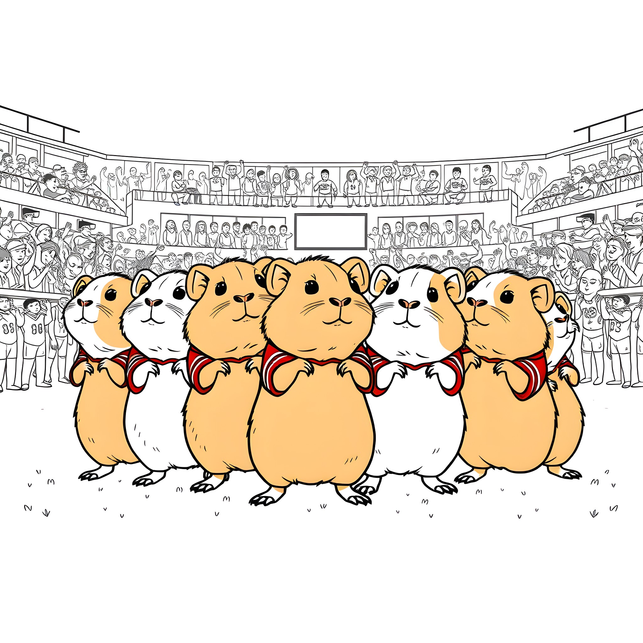 Guinea Pigs Performing Joyfully on Stage Coloring Page (free black-and-white line drawing printable PDF for all, from beginners to advanced learners, including children, teens, adults, and seniors)