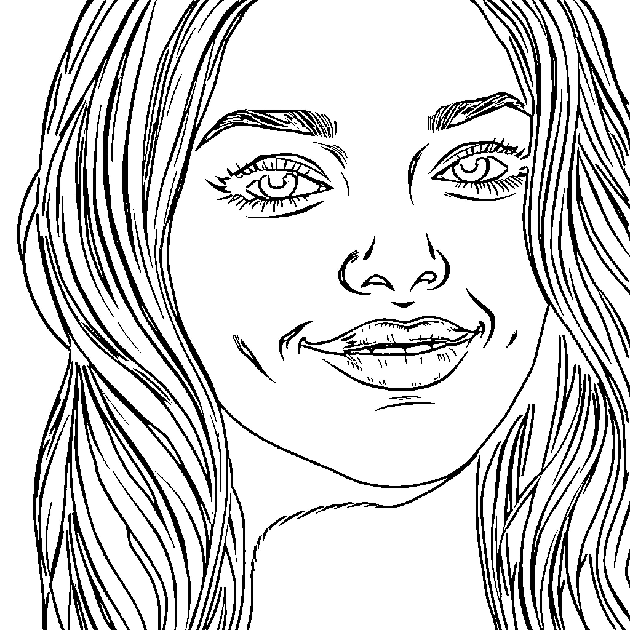 Woman with Flowing Hair and Thoughtful Expression Coloring Page (free black-and-white line drawing printable PDF for all, from beginners to advanced learners, including children, teens, adults, and seniors)