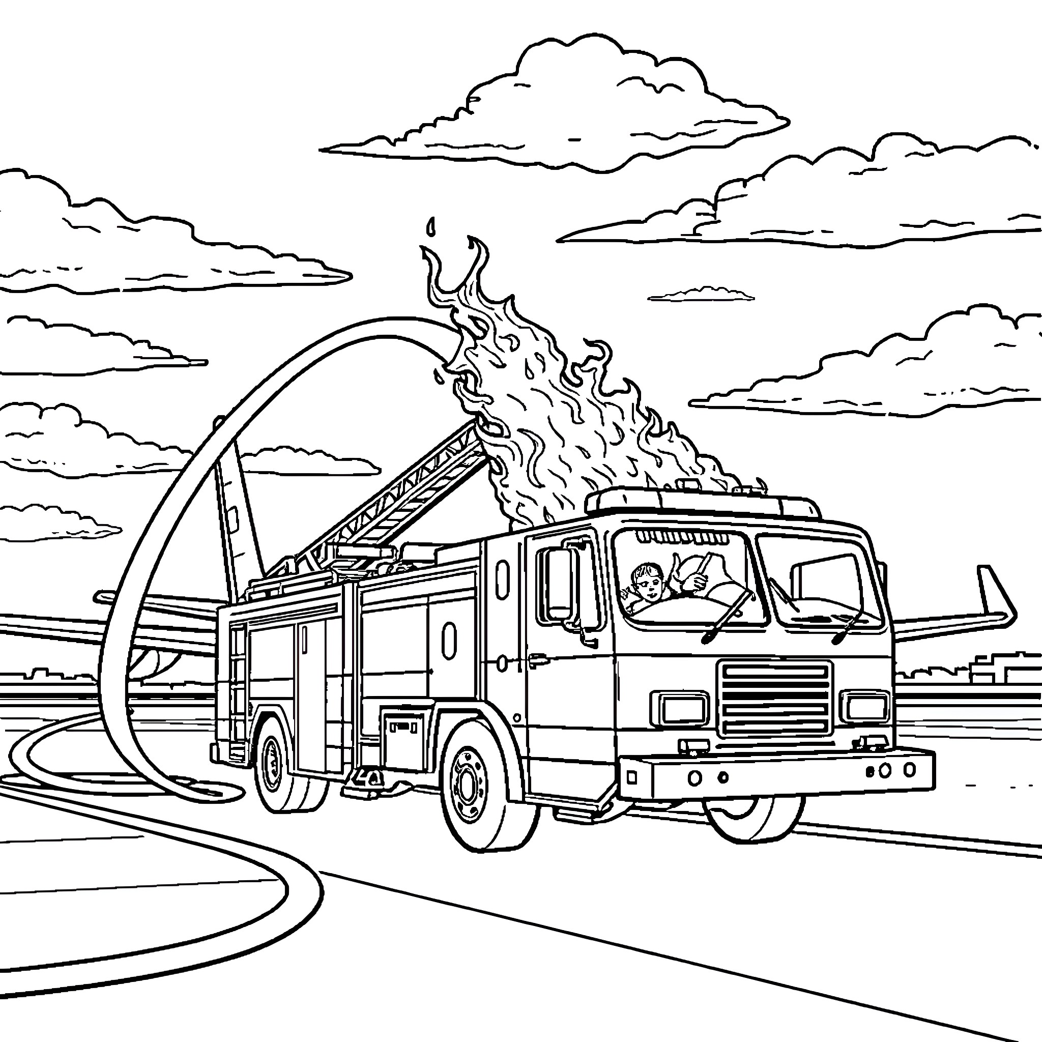 Fire Truck Rushing to Emergency Scene Coloring Page (free black-and-white line drawing printable PDF for all, from beginners to advanced learners, including children, teens, adults, and seniors)