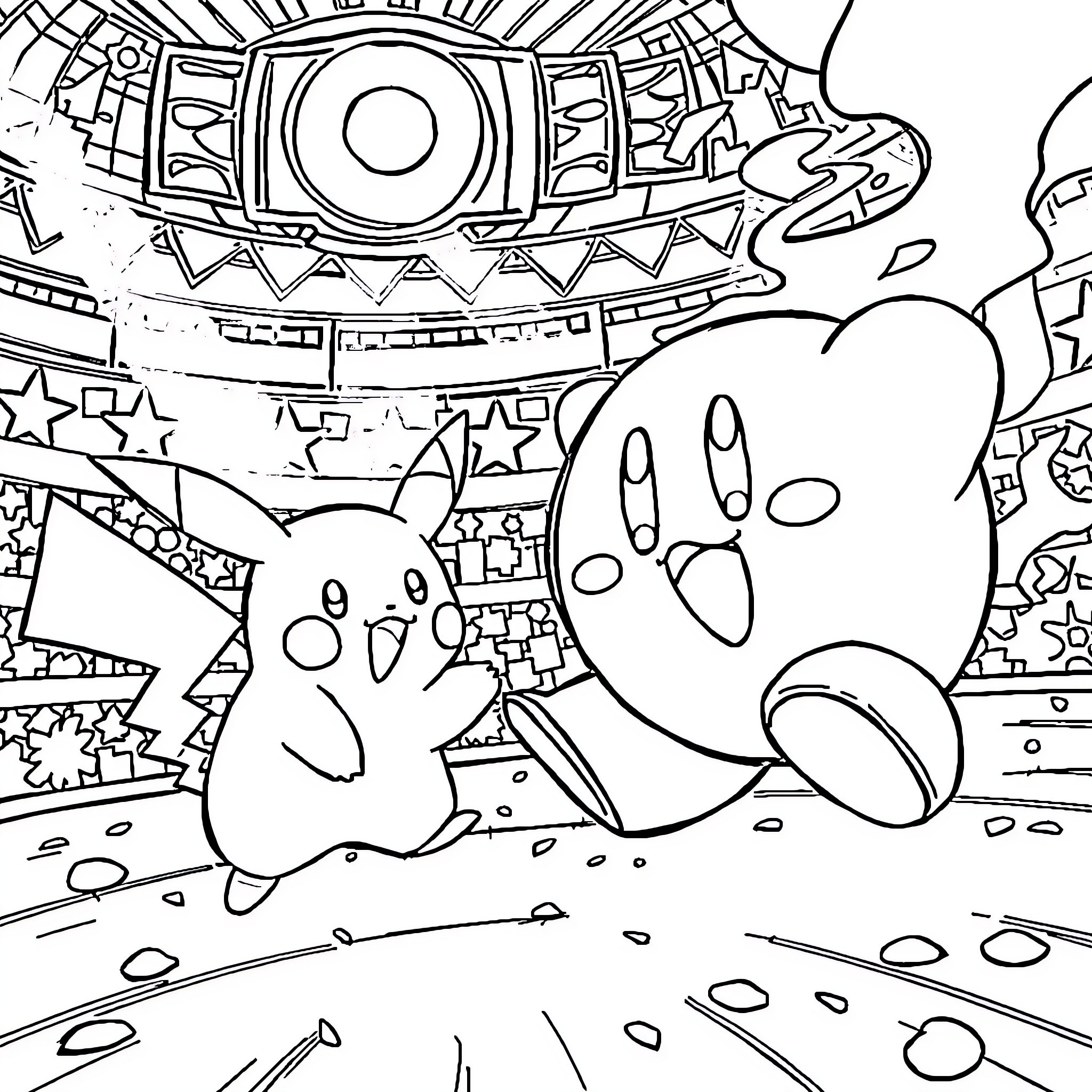 Kirby and friends enjoying a cosmic adventure Coloring Page (free black-and-white line drawing printable PDF for all, from beginners to advanced learners, including children, teens, adults, and seniors)